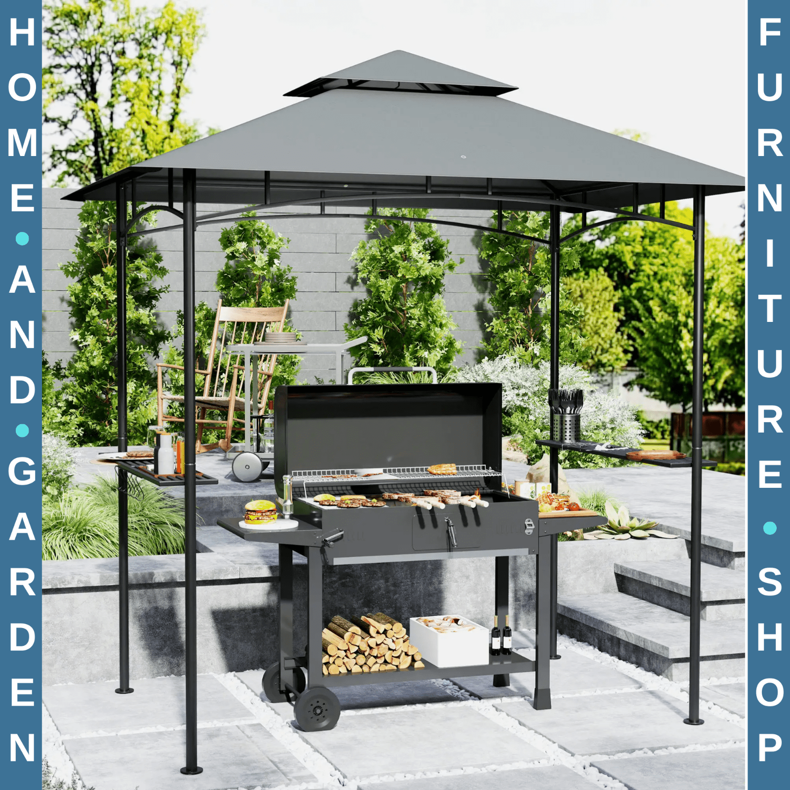 8 x 5' Grill Gazebo Roof Double Tiered Outdoor BBQ Shelter Dark Grey Patio Cover - Home and Garden Furniture Shop - rustic - furniture