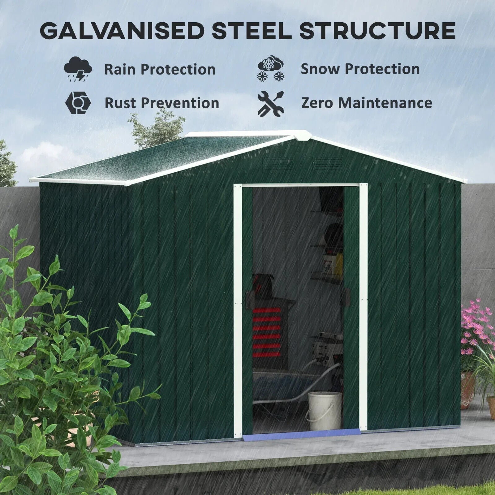 8 x 6ft Metal Garden Storage Shed Double Sliding Door Outdoor Utility Shed Green - Home and Garden Furniture Shop - #rustic - furniture#