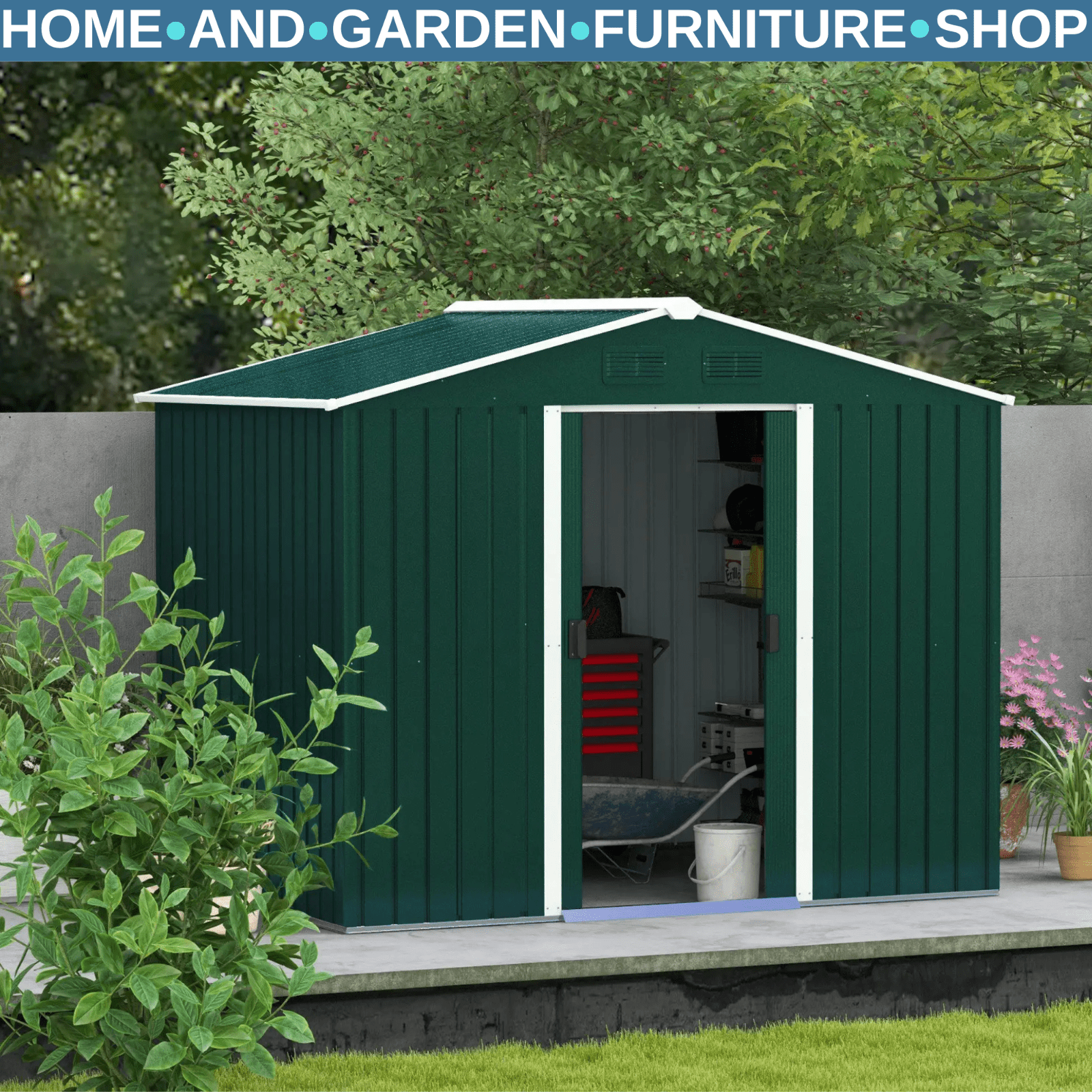8 x 6ft Metal Garden Storage Shed Double Sliding Door Outdoor Utility Shed Green - Home and Garden Furniture Shop - #rustic - furniture#