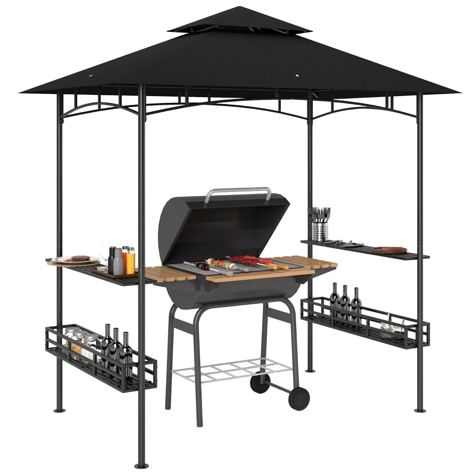 8×5 ft Grill Gazebo BBQ Shelter w/ Double Tier Roof Side Shelves&Storage Baskets - Home and Garden Furniture Shop - #rustic - furniture#