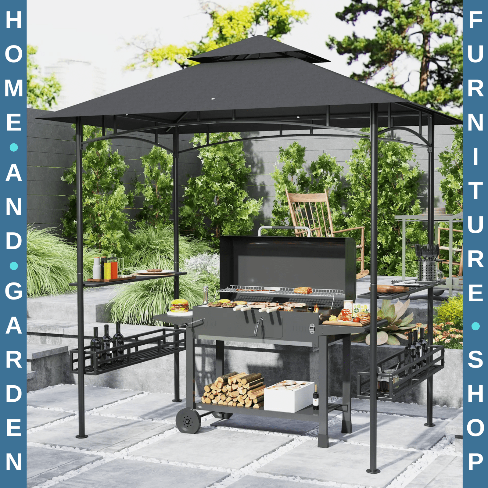 8×5 ft Grill Gazebo BBQ Shelter w/ Double Tier Roof Side Shelves&Storage Baskets - Home and Garden Furniture Shop - rustic - furniture