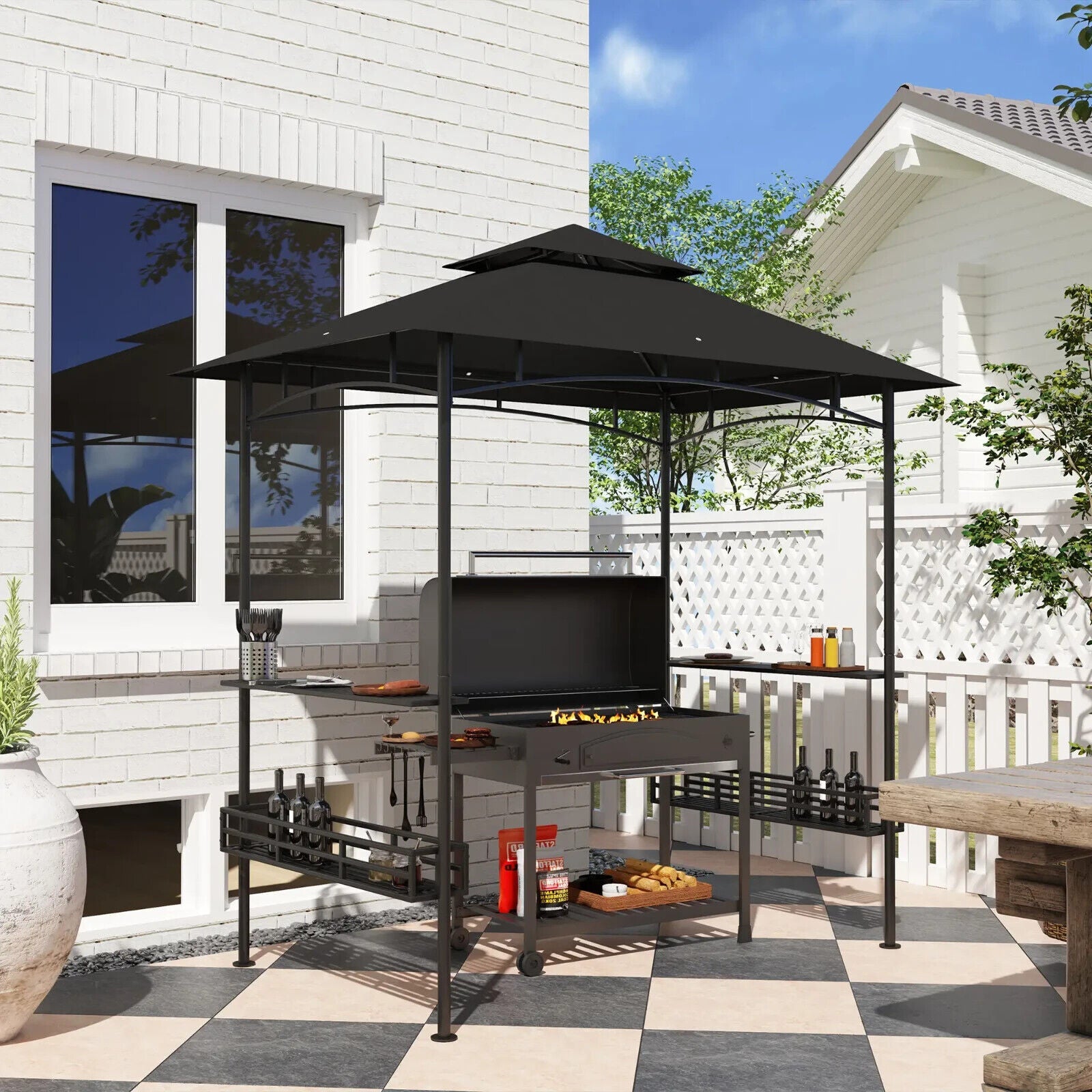 8×5 ft Grill Gazebo BBQ Shelter w/ Double Tier Roof Side Shelves&Storage Baskets - Home and Garden Furniture Shop - #rustic - furniture#