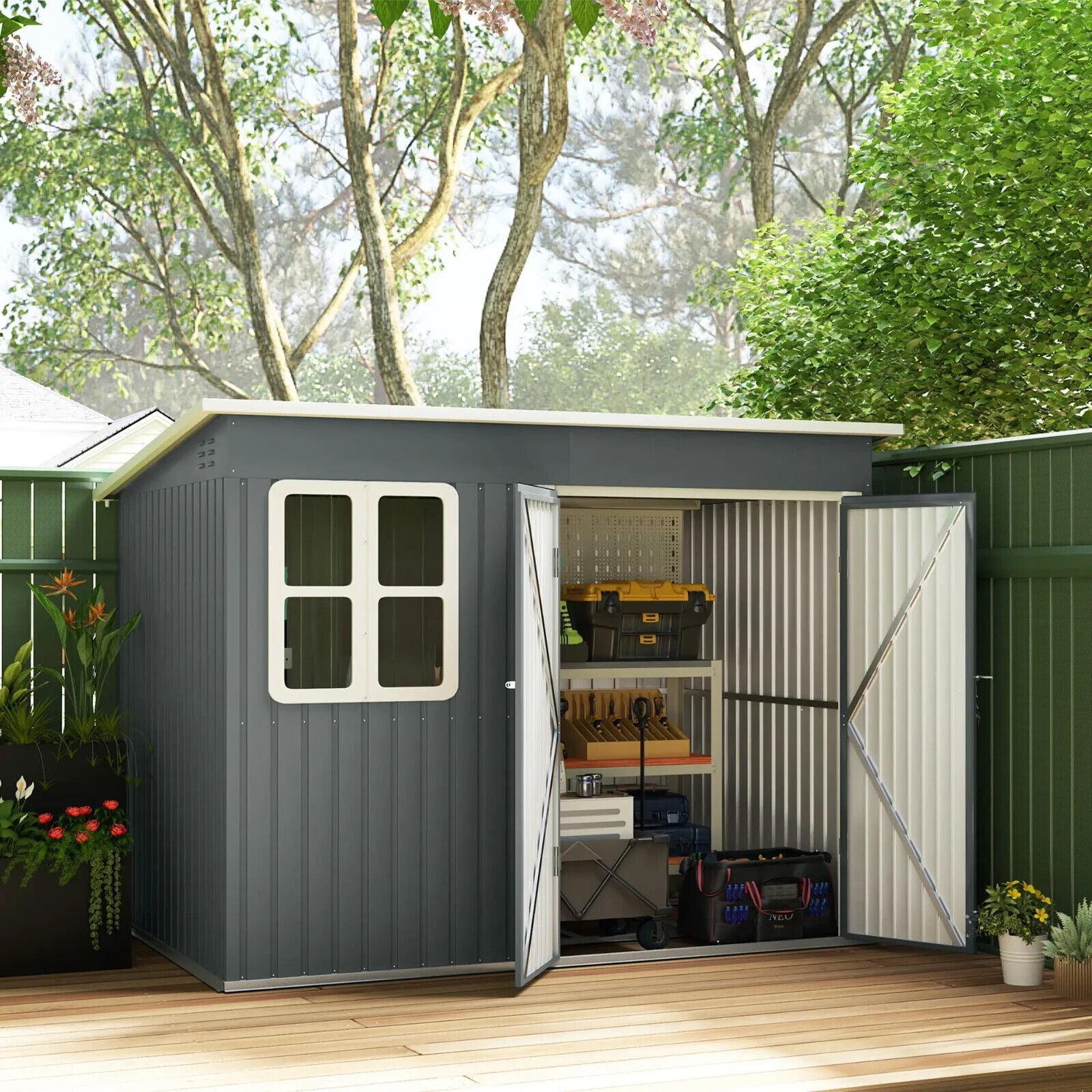 8.5 x 6ft Metal Garden Storage Shed with Window Lockable Doors Foundation Kit - Home and Garden Furniture Shop - #rustic - furniture#