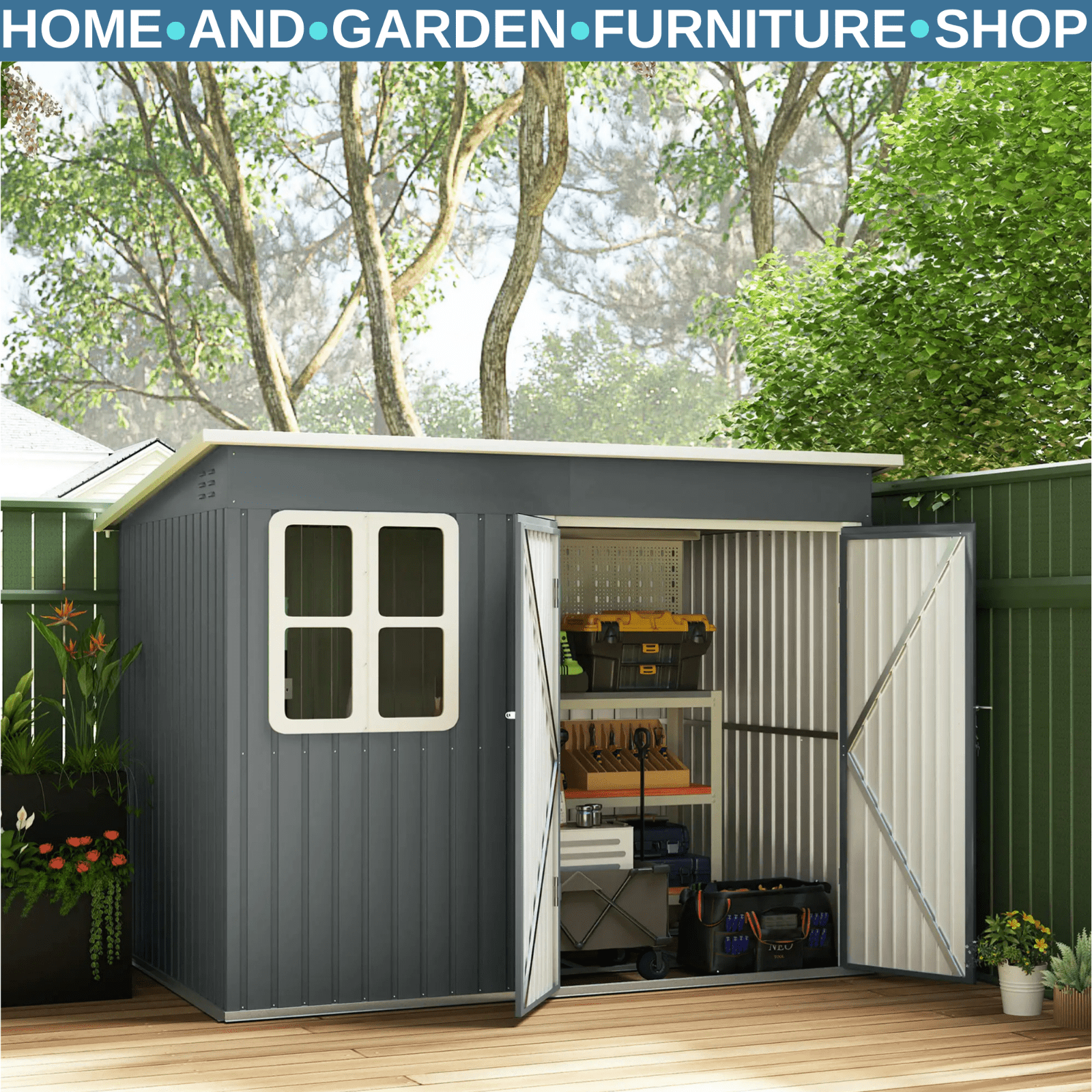8.5 x 6ft Metal Garden Storage Shed with Window Lockable Doors Foundation Kit - Home and Garden Furniture Shop - rustic - furniture