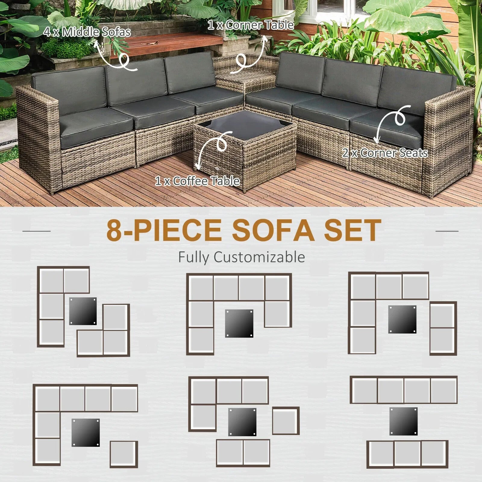 8Pcs Patio Rattan Corner Sofa Set Garden Furniture Side Table Cushion 6 Seater - Home and Garden Furniture Shop - rustic - furniture