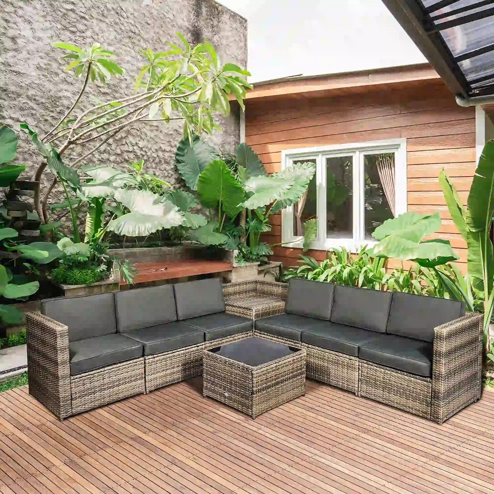 8Pcs Patio Rattan Corner Sofa Set Garden Furniture Side Table Cushion 6 Seater - Home and Garden Furniture Shop - rustic - furniture