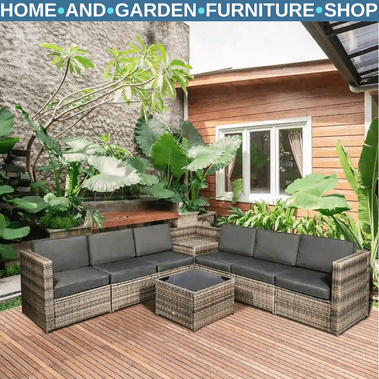 8Pcs Patio Rattan Corner Sofa Set Garden Furniture Side Table Cushion 6 Seater - Home and Garden Furniture Shop - rustic - furniture