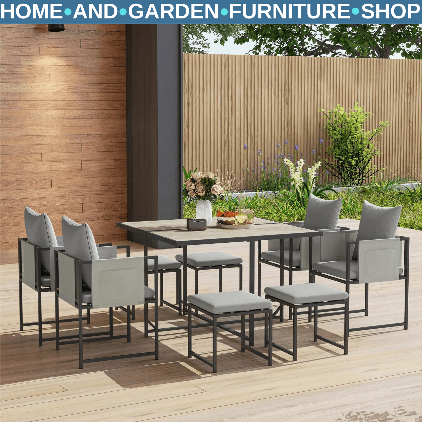 9 Pcs Cube Garden Dining Set 8 Seat Outdoor Furniture w/ Cushion Table and Chair - Home and Garden Furniture Shop - rustic - furniture