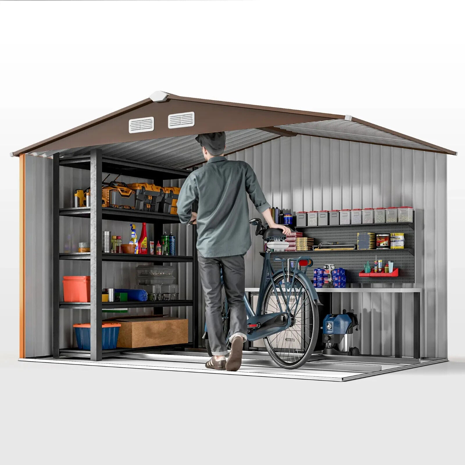 9 x 6FT Galvanised Steel Garden Storage Shed with Foundation Kit Metal Tool Shed - Home and Garden Furniture Shop - #rustic - furniture#
