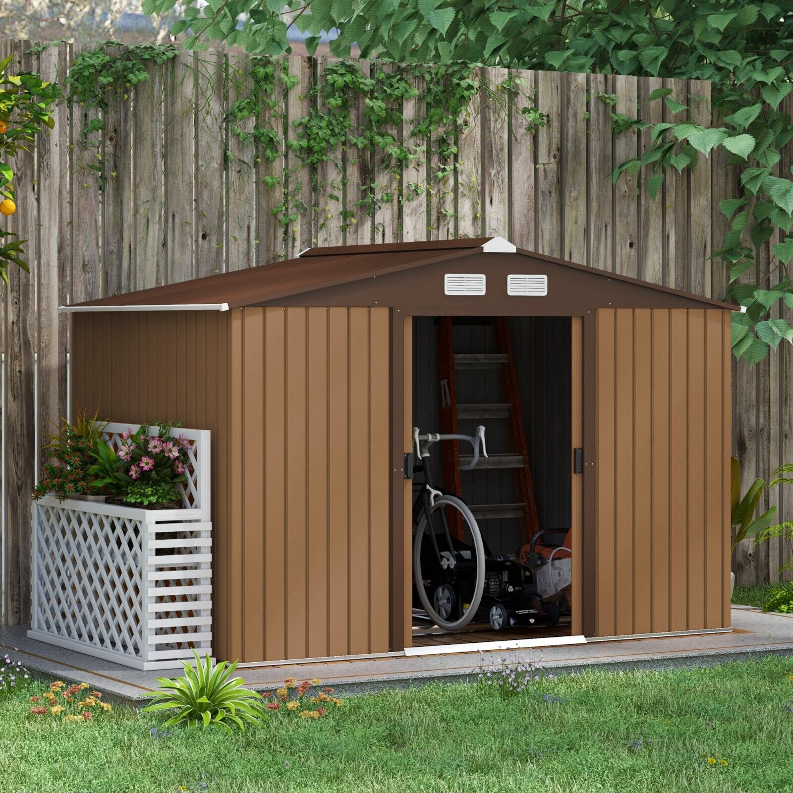9 x 6FT Galvanised Steel Garden Storage Shed with Foundation Kit Metal Tool Shed - Home and Garden Furniture Shop - #rustic - furniture#
