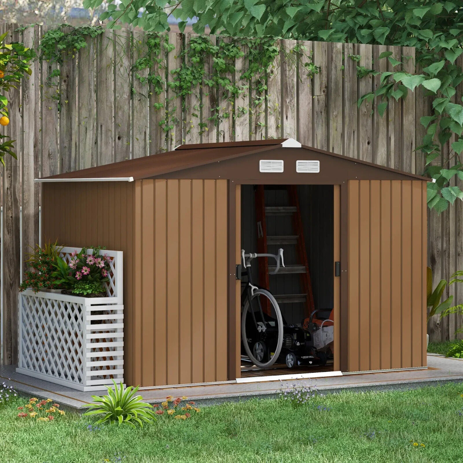 9 x 6FT Galvanised Steel Garden Storage Shed with Foundation Kit Metal Tool Shed - Home and Garden Furniture Shop - #rustic - furniture#