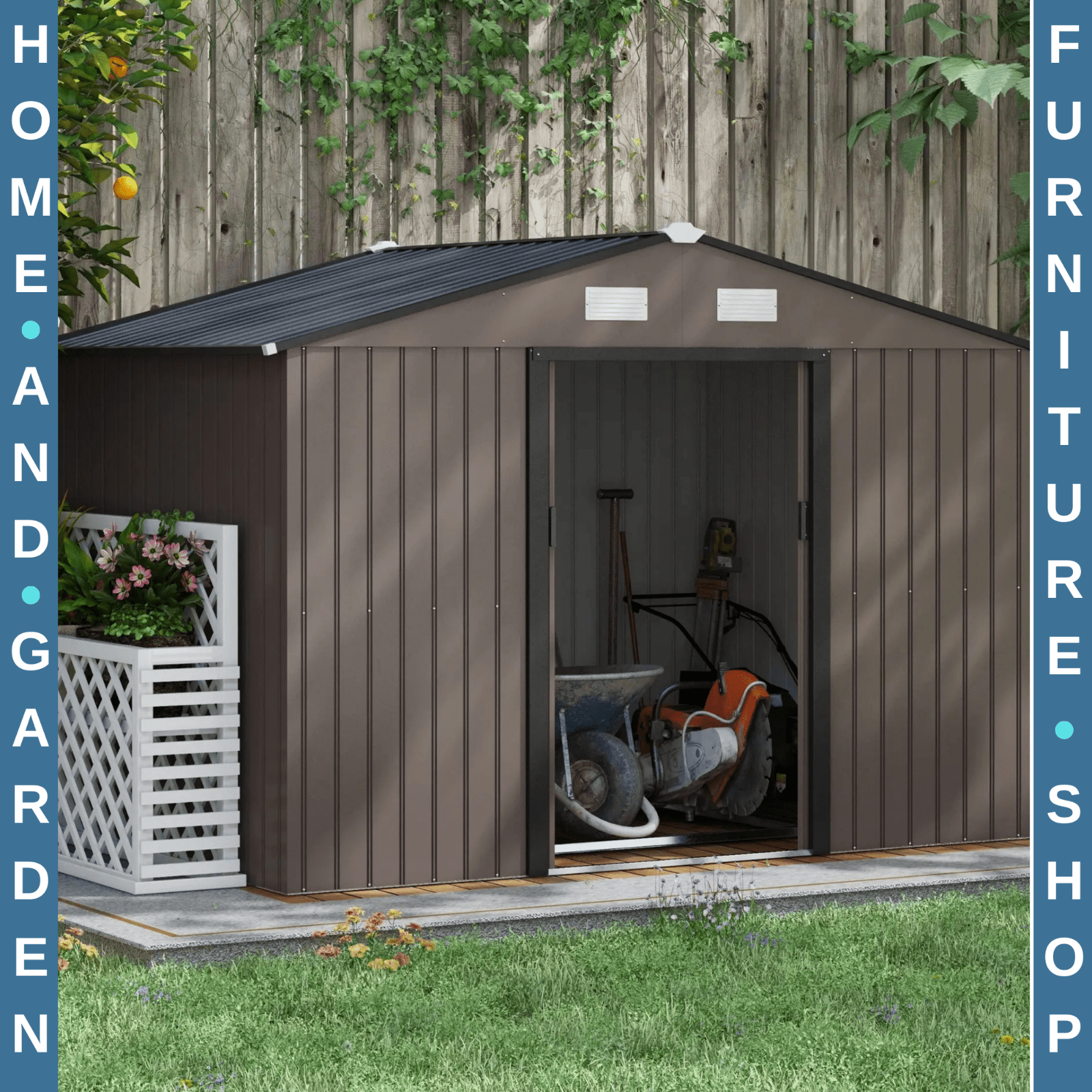 9 x 6FT Large Garden Metal Storage Shed with Sliding Doors Brown Patio Tool Shed - Home and Garden Furniture Shop - rustic - furniture