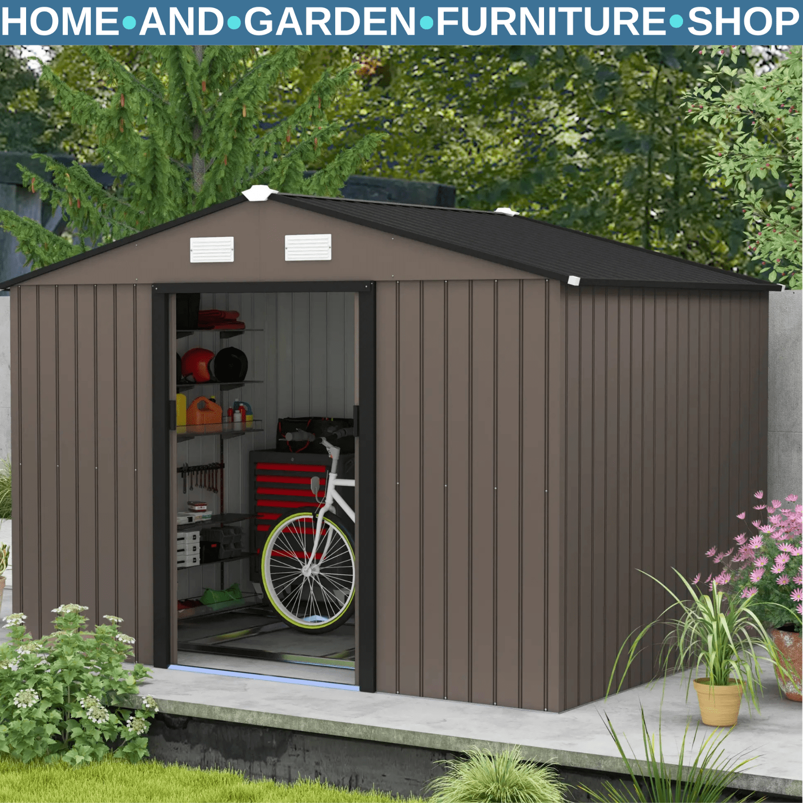9 x 6FT Large Garden Metal Storage Shed with Sliding Doors Brown Patio Tool Shed - Home and Garden Furniture Shop - rustic - furniture
