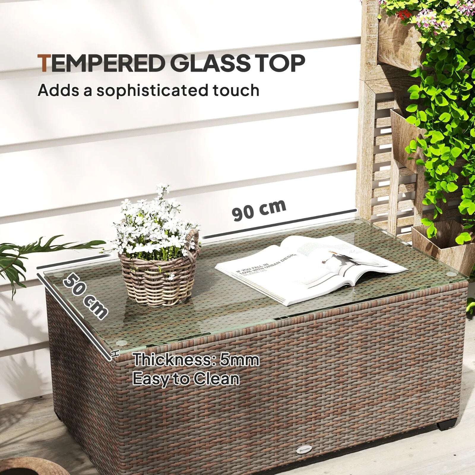 90 x 50cm Rattan Garden Side Table with Glass Top Table for Patio, Conservatory - Home and Garden Furniture Shop - #rustic - furniture#