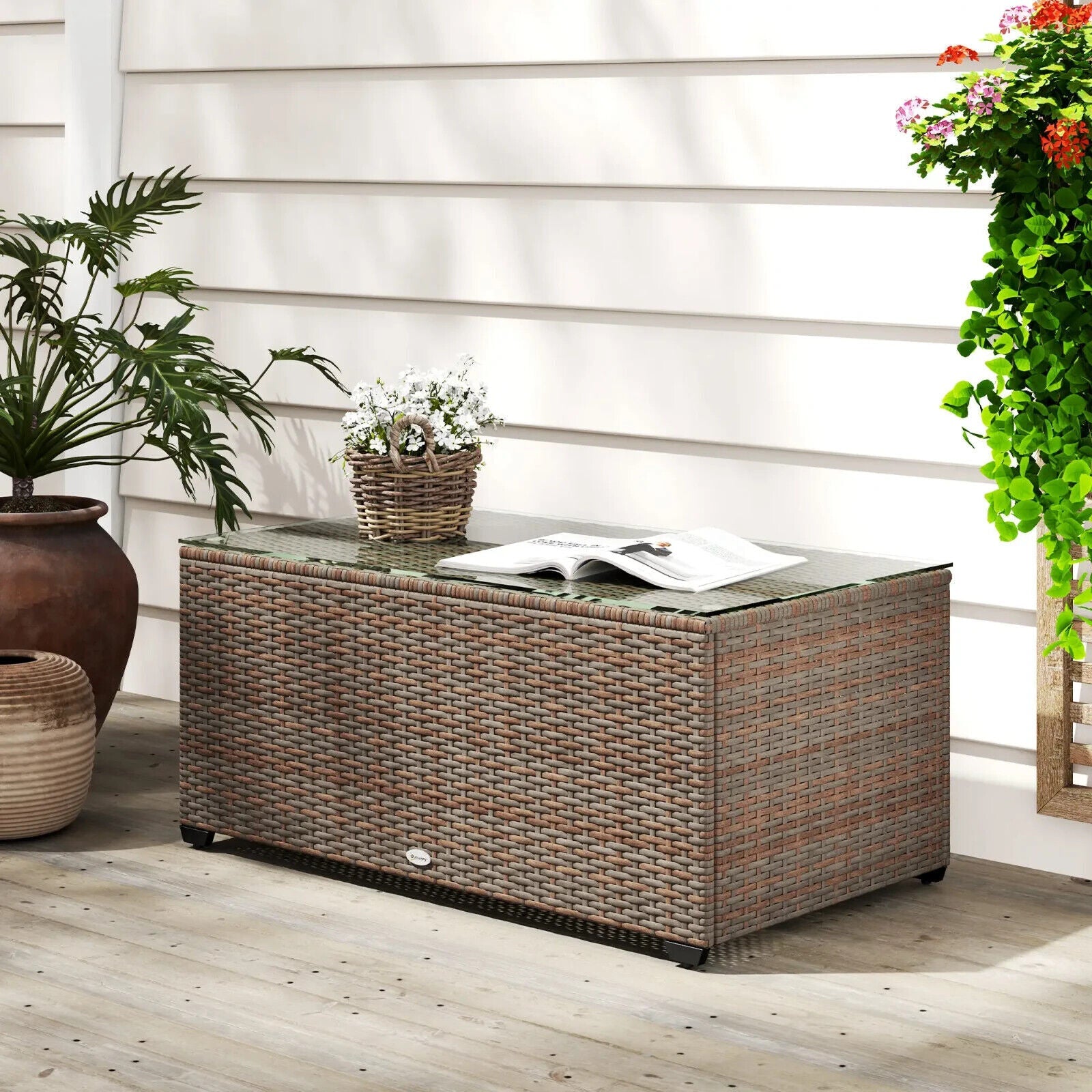 90 x 50cm Rattan Garden Side Table with Glass Top Table for Patio, Conservatory - Home and Garden Furniture Shop - #rustic - furniture#