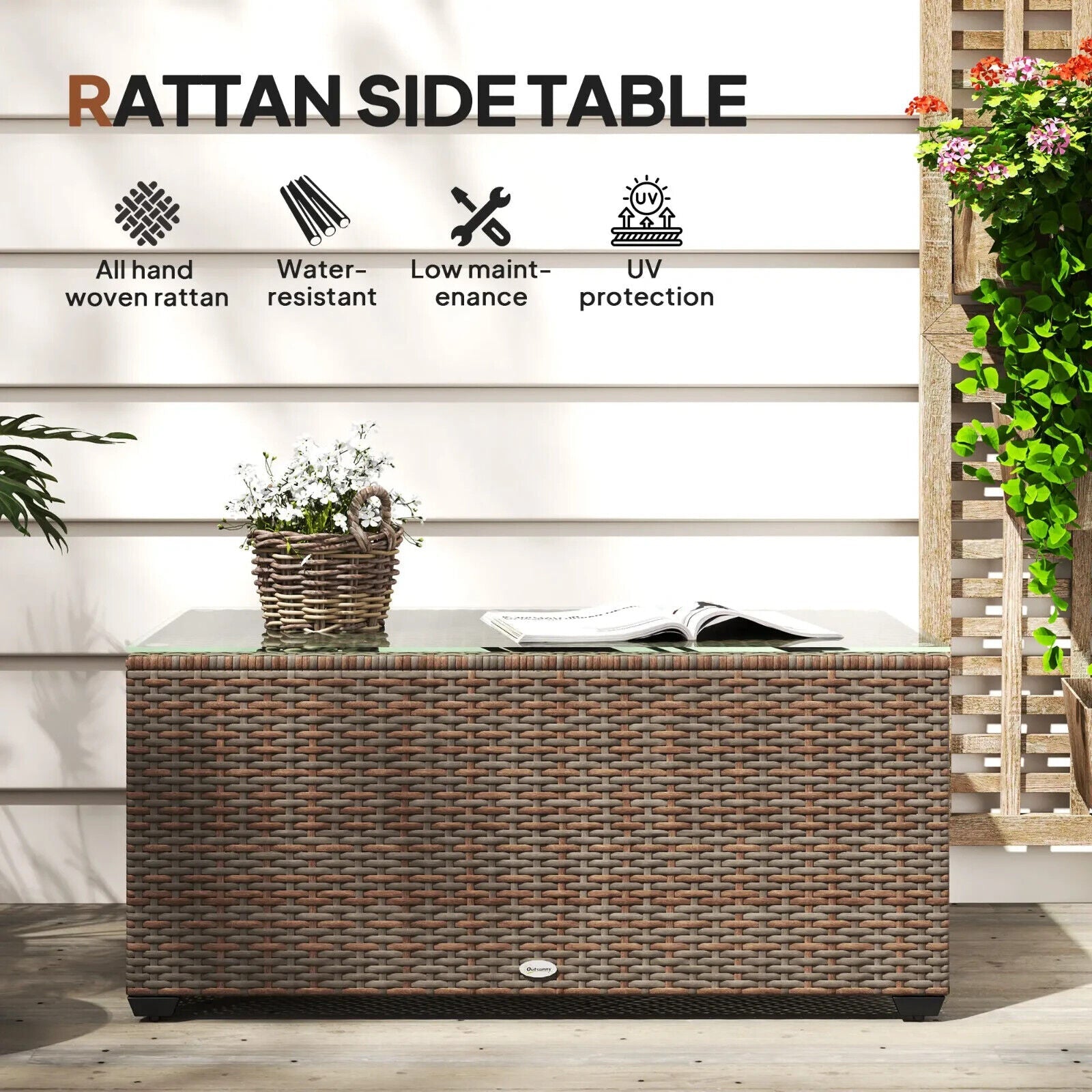 90 x 50cm Rattan Garden Side Table with Glass Top Table for Patio, Conservatory - Home and Garden Furniture Shop - #rustic - furniture#