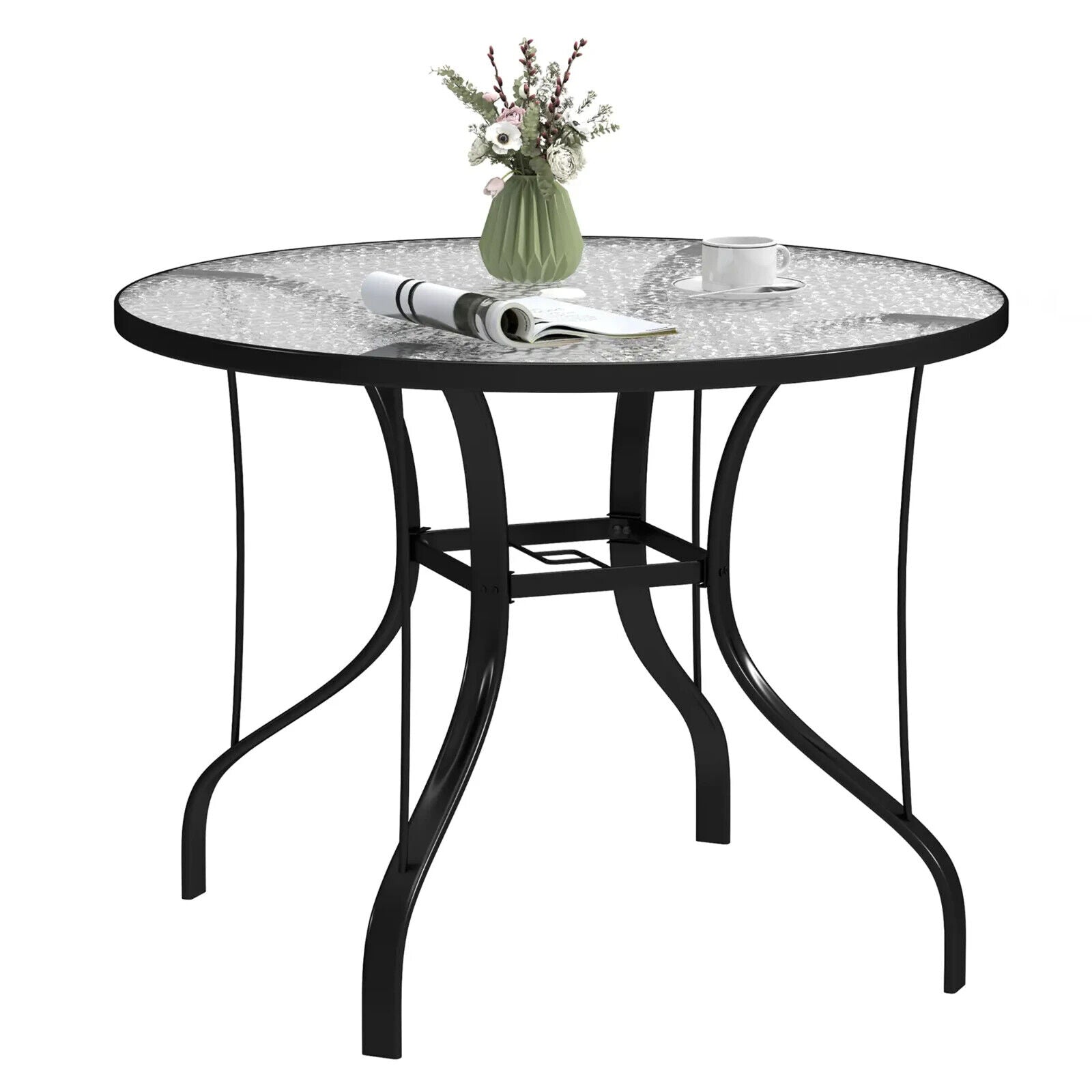 96.5×96.5×71cm Round Outdoor Dining Table with Tempered Glass Top & Parasol Hole - Home and Garden Furniture Shop - #rustic - furniture#