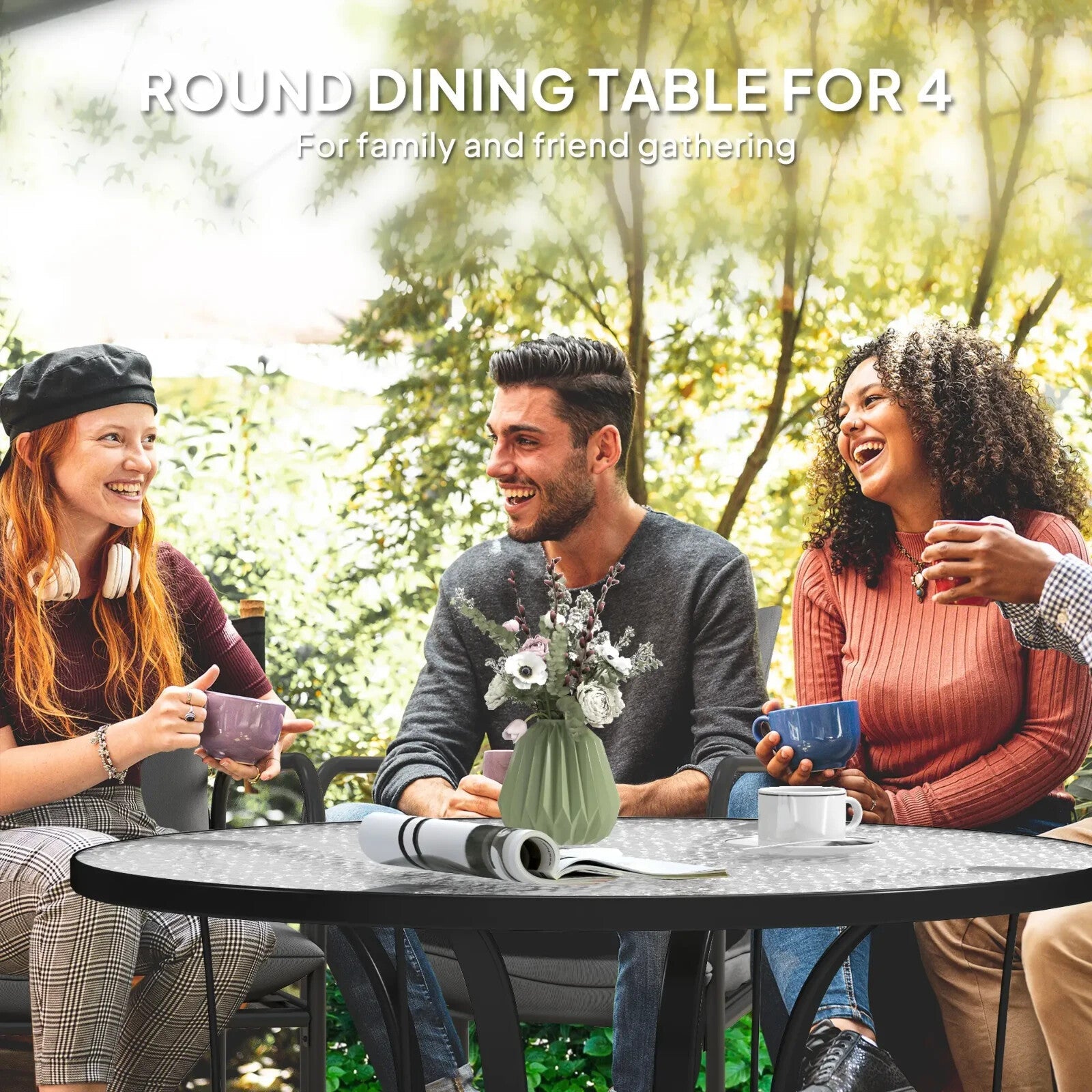 96.5×96.5×71cm Round Outdoor Dining Table with Tempered Glass Top & Parasol Hole - Home and Garden Furniture Shop - rustic - furniture