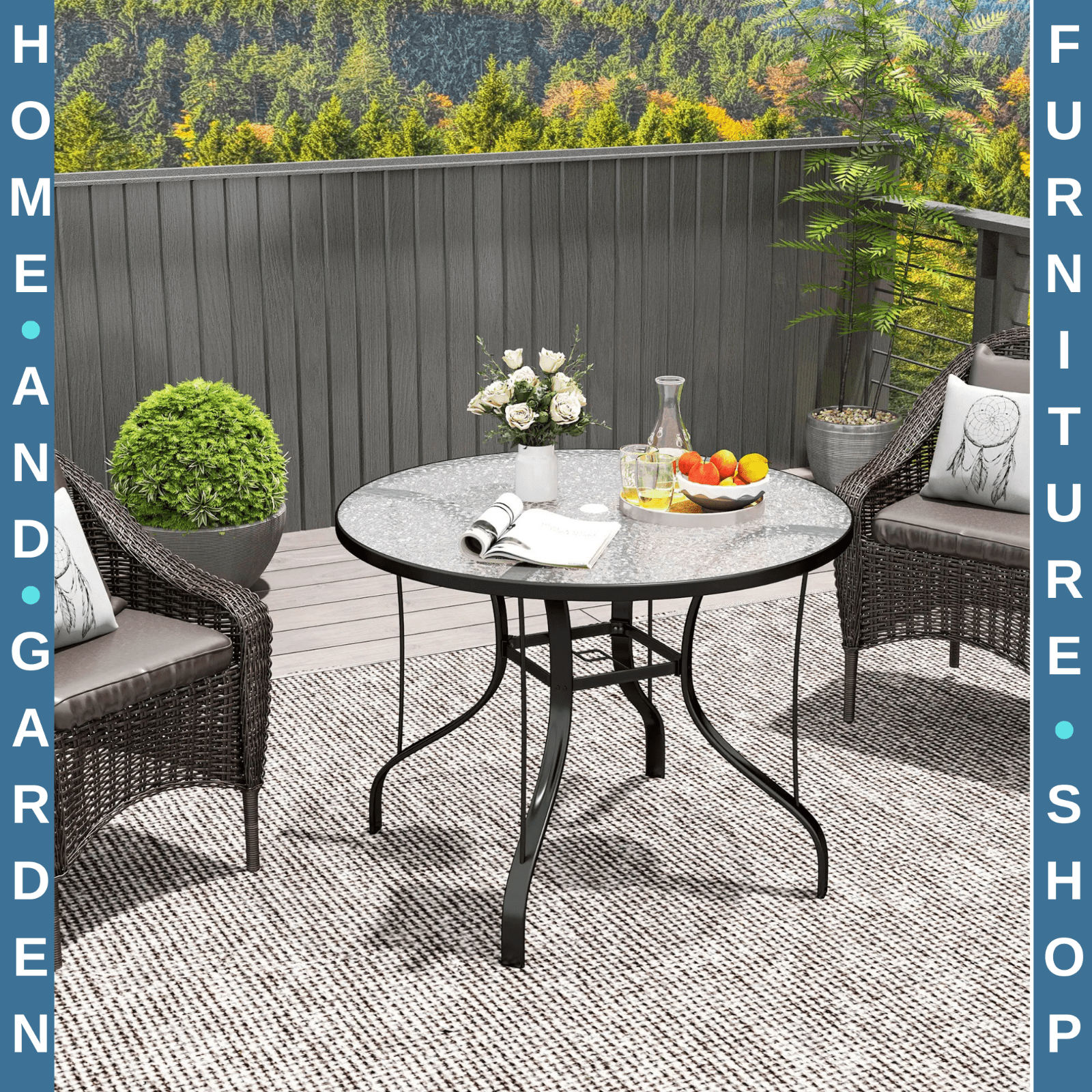 96.5×96.5×71cm Round Outdoor Dining Table with Tempered Glass Top & Parasol Hole - Home and Garden Furniture Shop - rustic - furniture