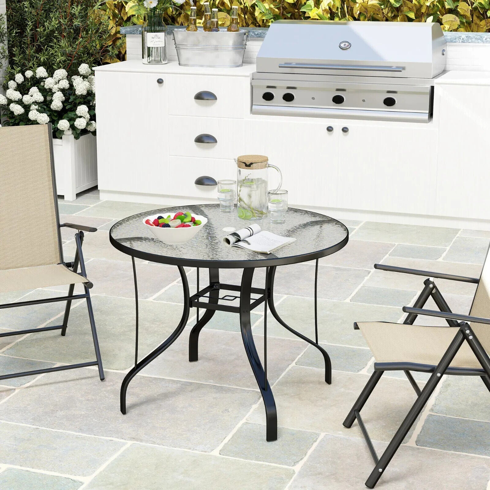 96.5×96.5×71cm Round Outdoor Dining Table with Tempered Glass Top & Parasol Hole - Home and Garden Furniture Shop - #rustic - furniture#