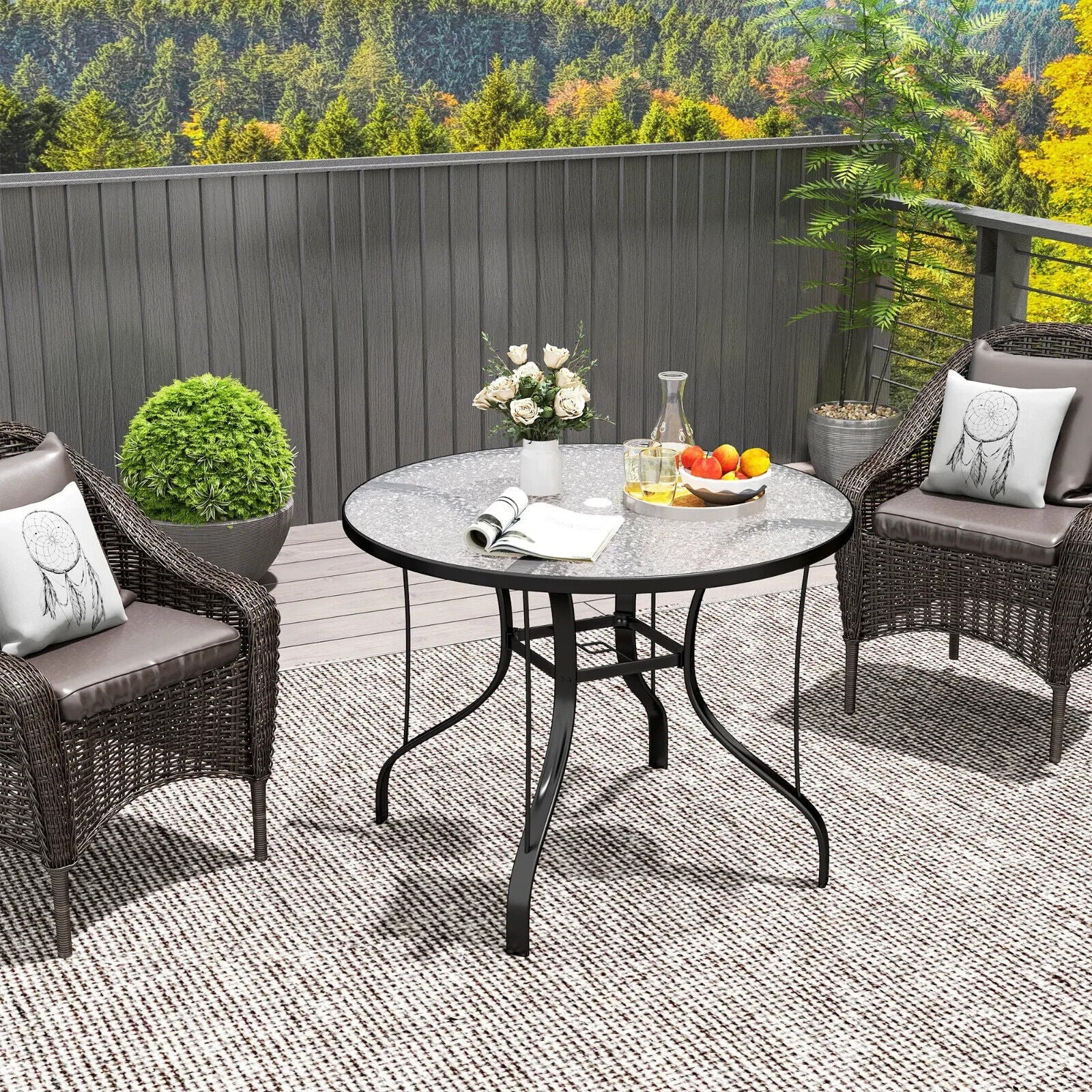 96.5×96.5×71cm Round Outdoor Dining Table with Tempered Glass Top & Parasol Hole - Home and Garden Furniture Shop - #rustic - furniture#