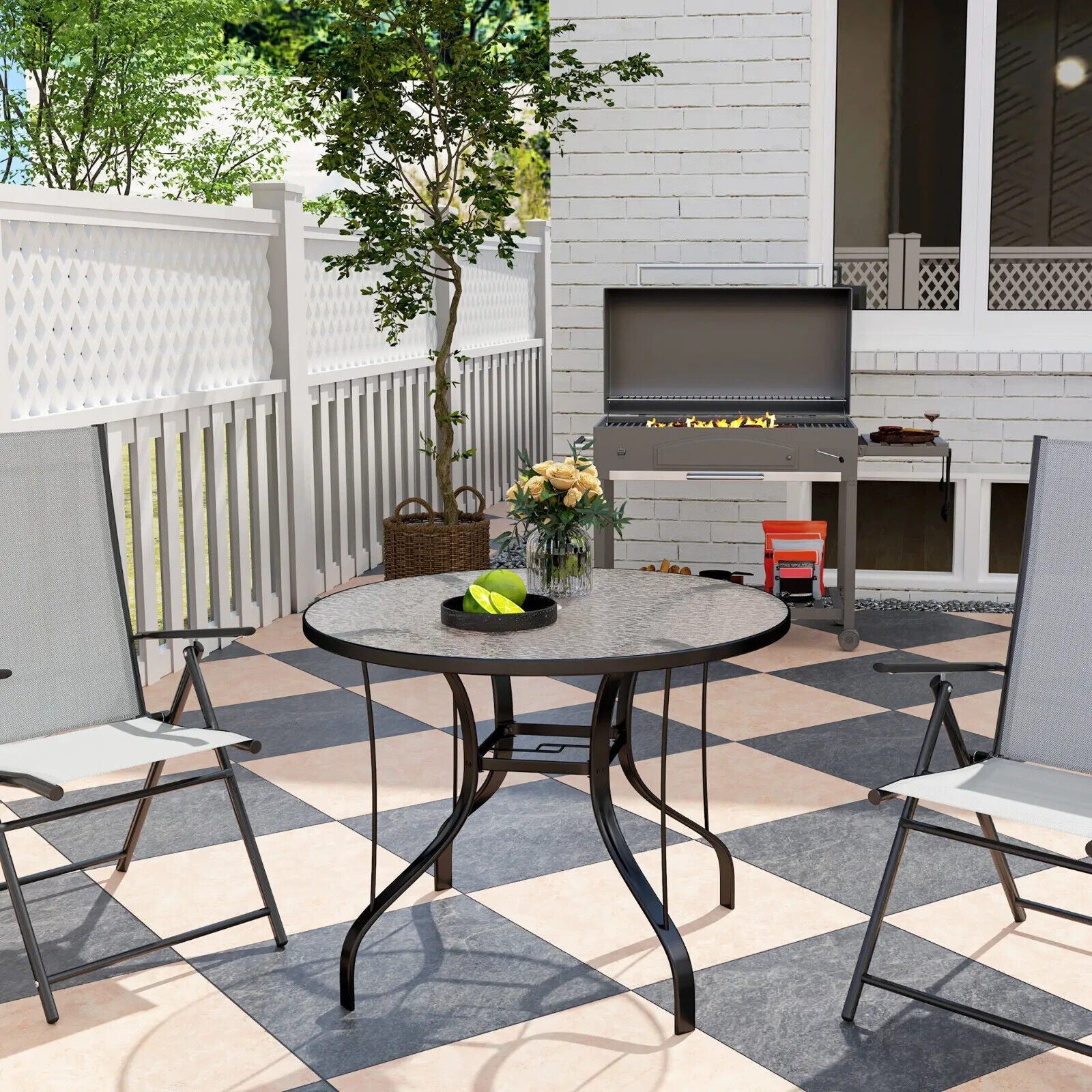 96.5×96.5×71cm Round Outdoor Dining Table with Tempered Glass Top & Parasol Hole - Home and Garden Furniture Shop - #rustic - furniture#