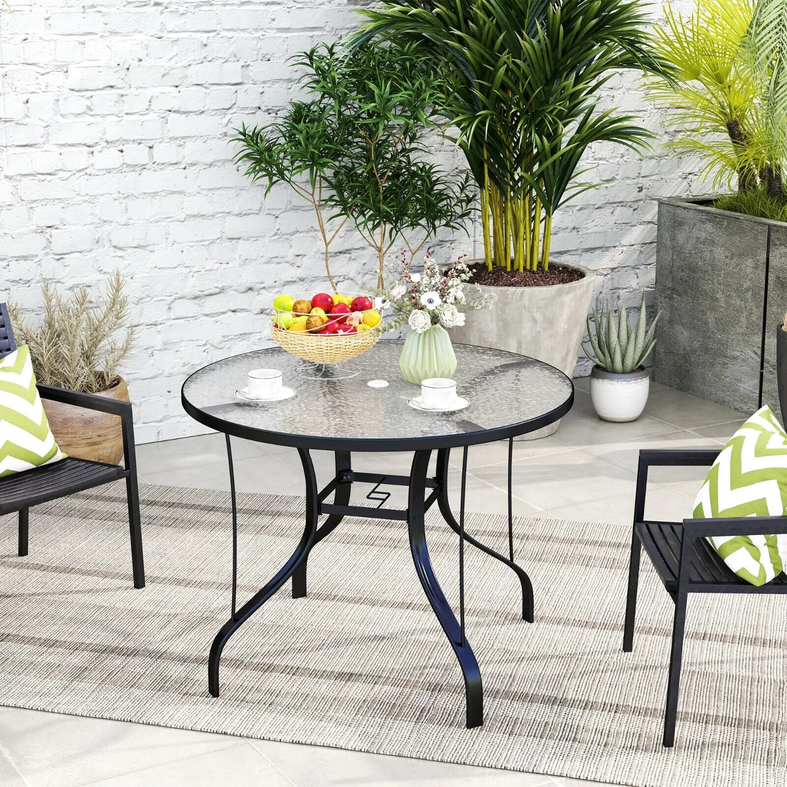 96.5×96.5×71cm Round Outdoor Dining Table with Tempered Glass Top & Parasol Hole - Home and Garden Furniture Shop - #rustic - furniture#