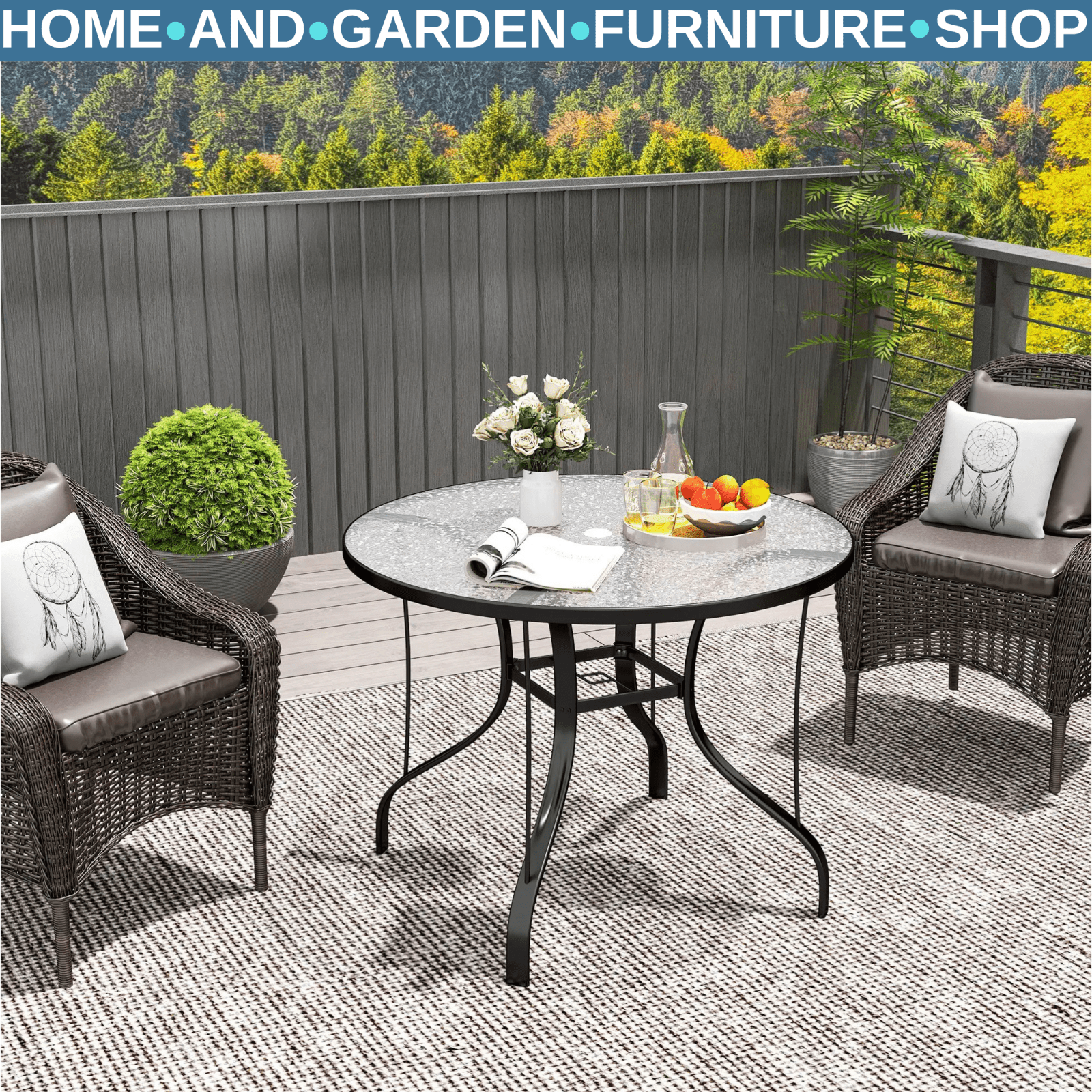 96.5×96.5×71cm Round Outdoor Dining Table with Tempered Glass Top & Parasol Hole - Home and Garden Furniture Shop - #rustic - furniture#