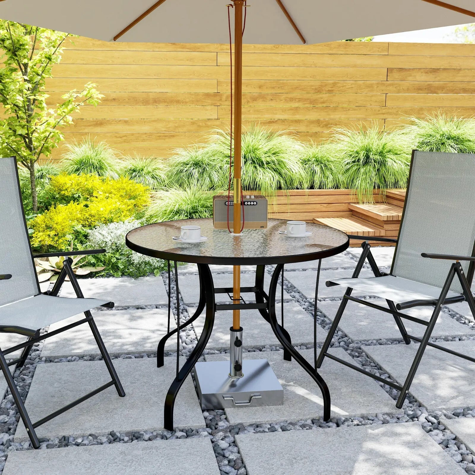 96.5×96.5×71cm Round Outdoor Dining Table with Tempered Glass Top & Parasol Hole - Home and Garden Furniture Shop - rustic - furniture