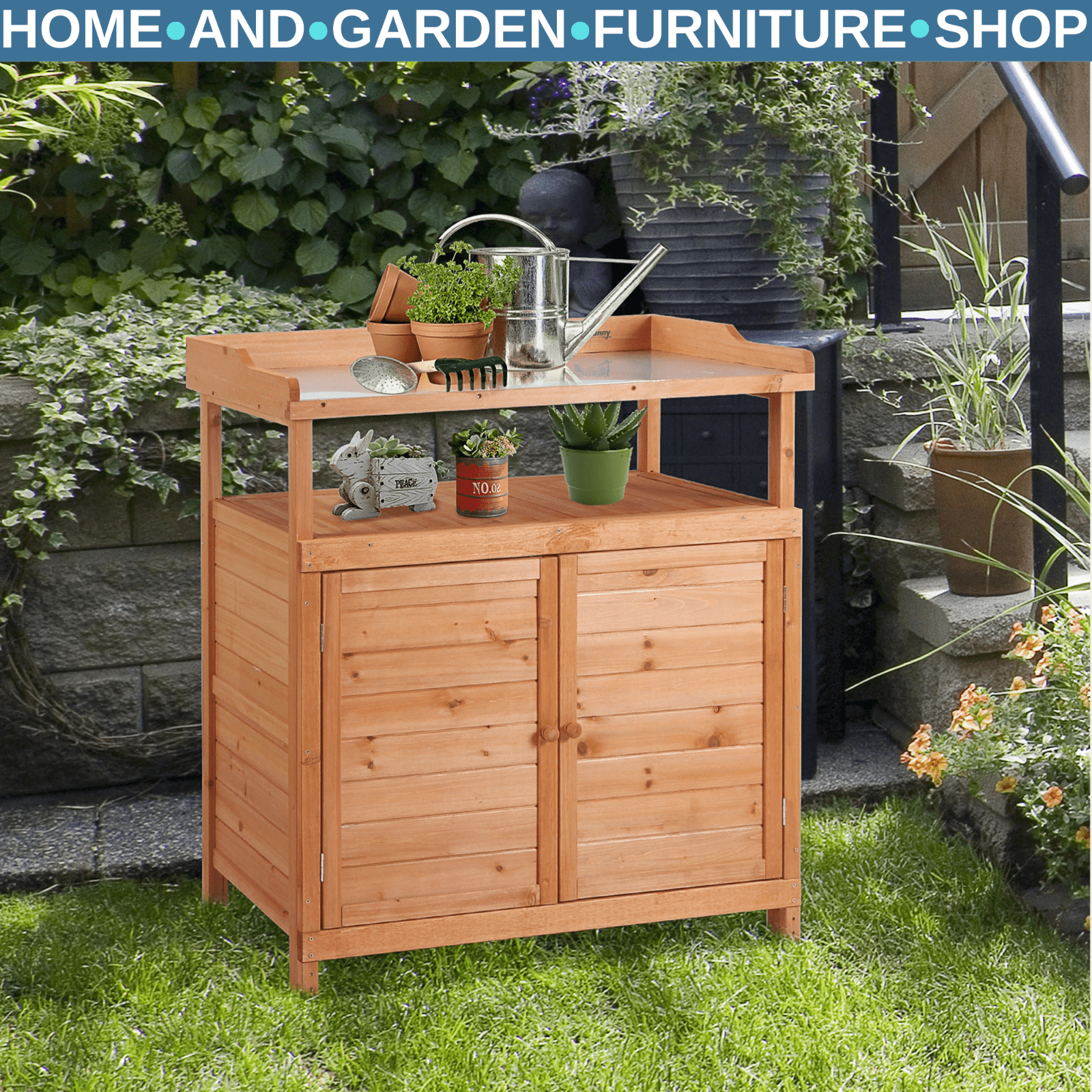 98 x 47 x 105cm Wooden Potting Bench Table with Storage Cabinet and Metal Top - Home and Garden Furniture Shop - rustic - furniture