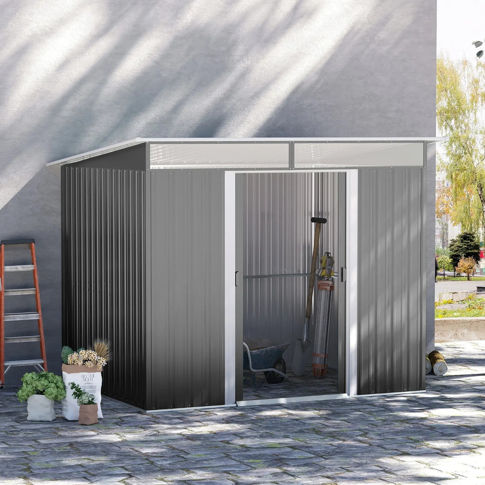 9x6 ft Metal Garden Shed Outdoor Storage Hut with Tilted Roof & Ventilation Grey - Home and Garden Furniture Shop - rustic - furniture