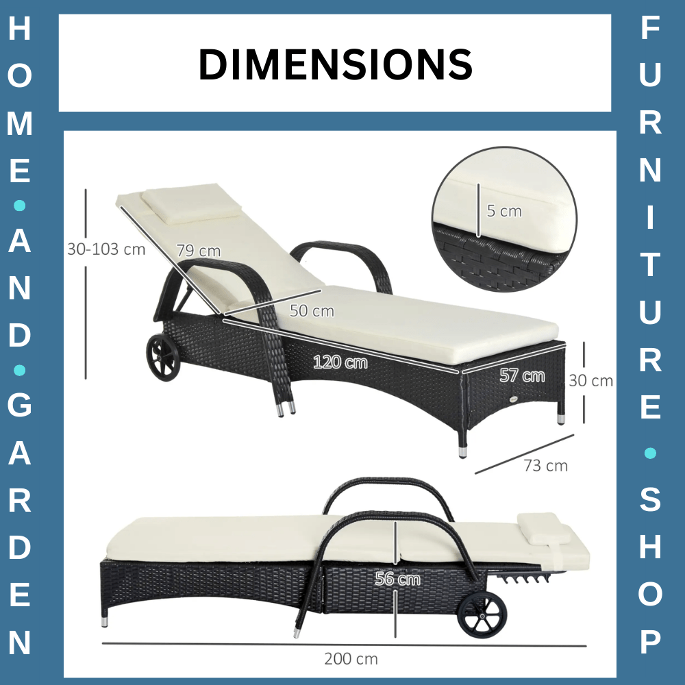 Adjustable Rattan Sun Lounger with Steel Frame, Cushion, and Wheels 200cm x 73cm - Home and Garden Furniture Shop - rustic - furniture