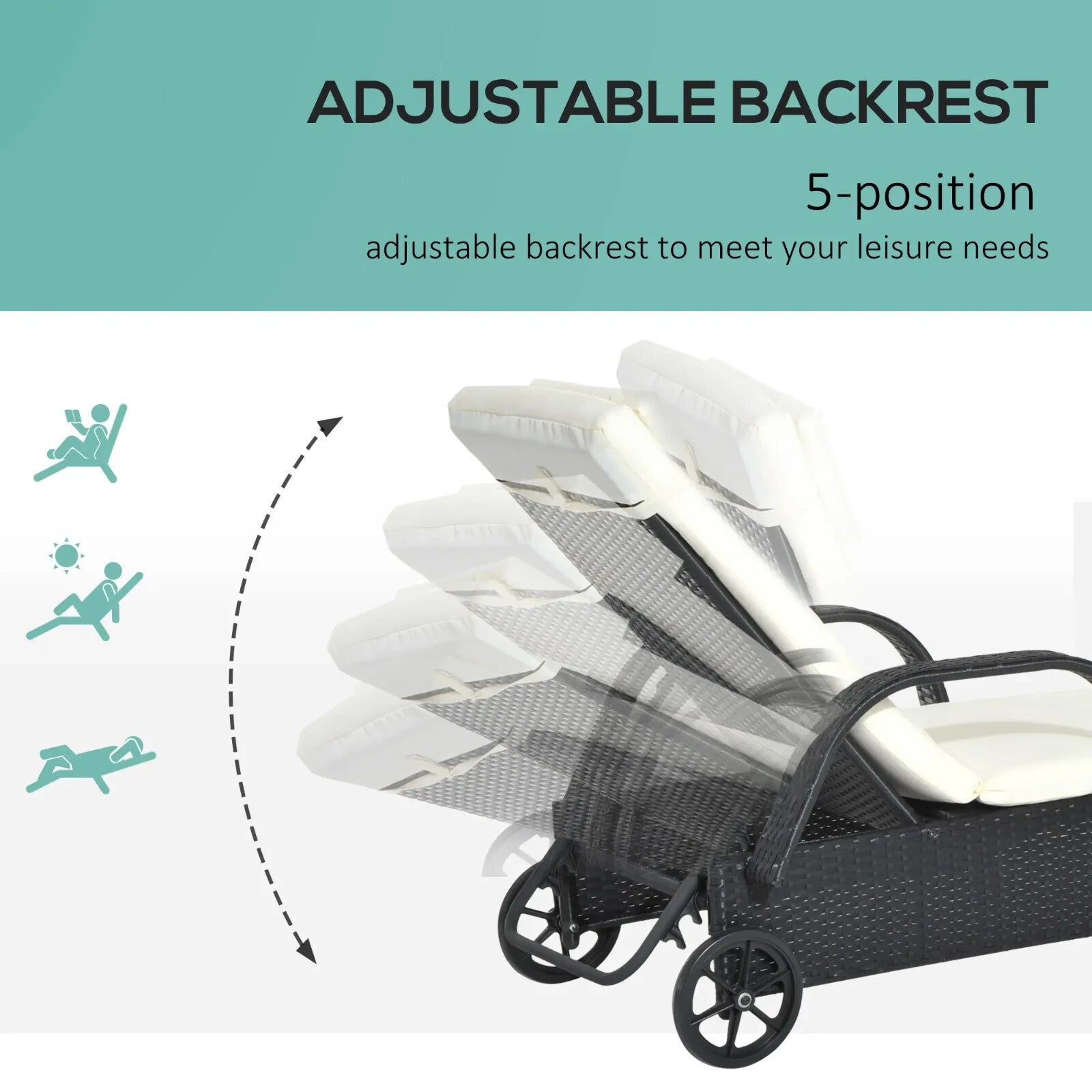 Adjustable Rattan Sun Lounger with Steel Frame, Cushion, and Wheels 200cm x 73cm - Home and Garden Furniture Shop - rustic - furniture