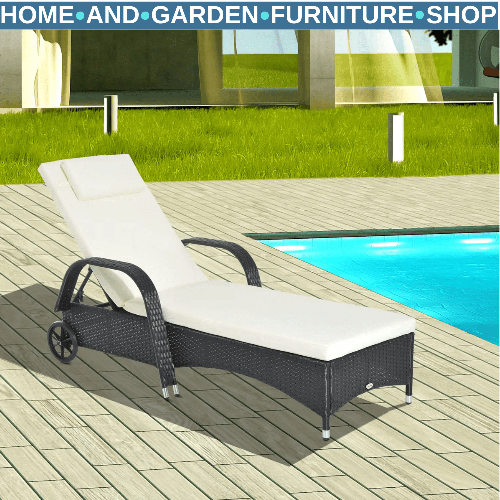 Adjustable Rattan Sun Lounger with Steel Frame, Cushion, and Wheels 200cm x 73cm - Home and Garden Furniture Shop - rustic - furniture