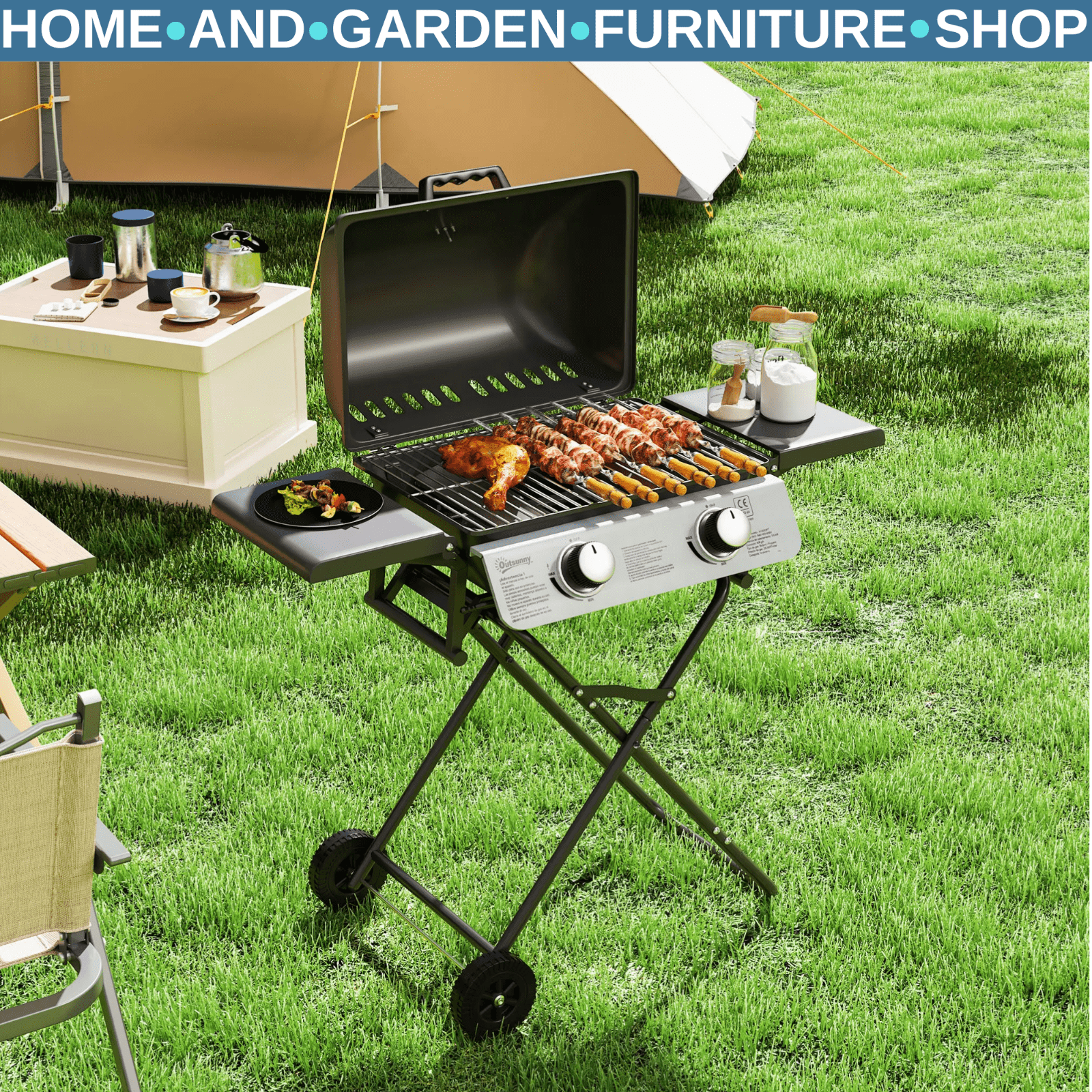 Barbecue Grill 2 Burner Suitcase Portable w/ Lid, Thermometer & Drip Tray Black - Home and Garden Furniture Shop - rustic - furniture