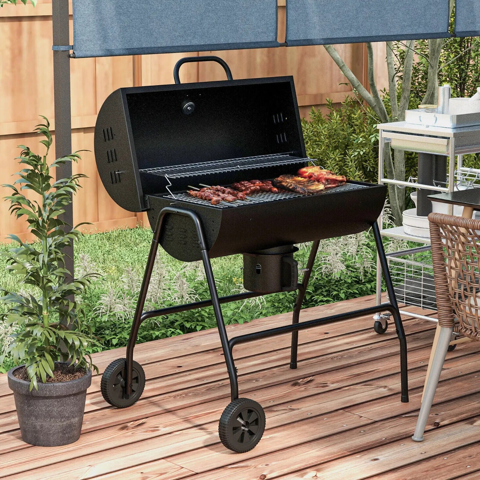 Barrel Charcoal BBQ Grill Trolley with Wheels, Ash Catchers and Thermometer - Home and Garden Furniture Shop - #rustic - furniture#