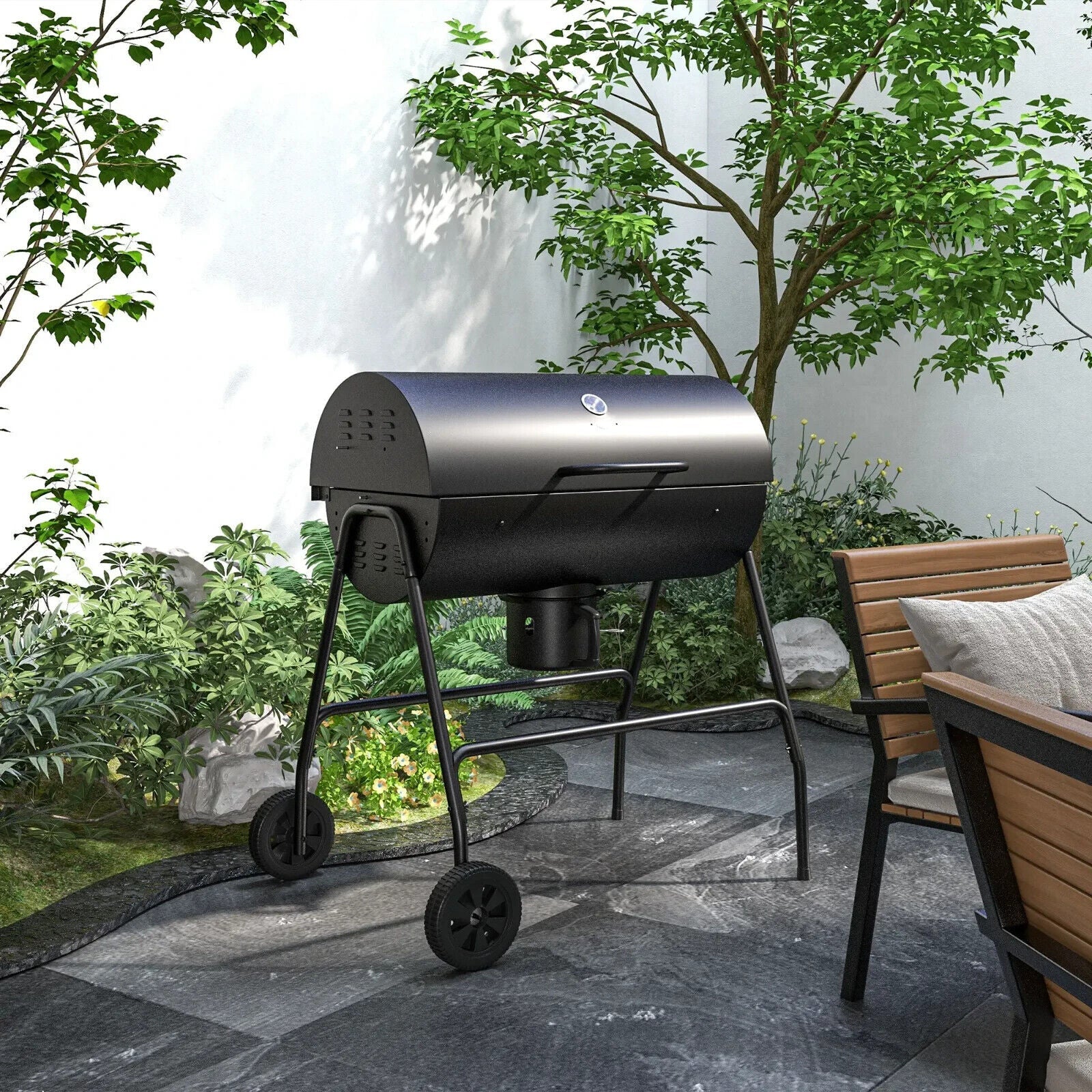 Barrel Charcoal BBQ Grill Trolley with Wheels, Ash Catchers and Thermometer - Home and Garden Furniture Shop - #rustic - furniture#