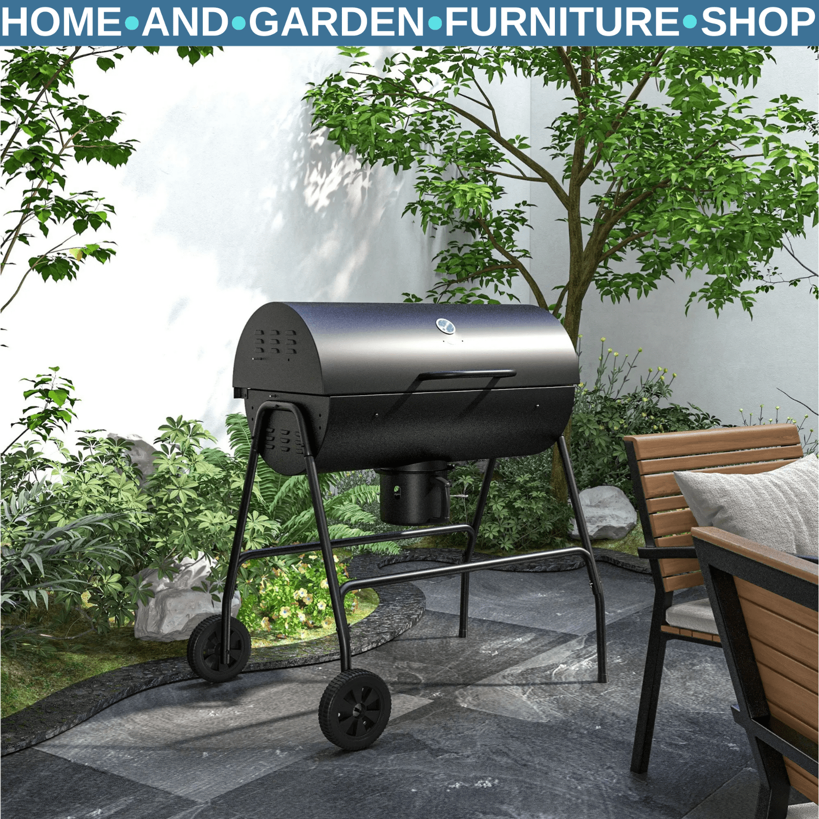 Barrel Charcoal BBQ Grill Trolley with Wheels, Ash Catchers and Thermometer - Home and Garden Furniture Shop - #rustic - furniture#