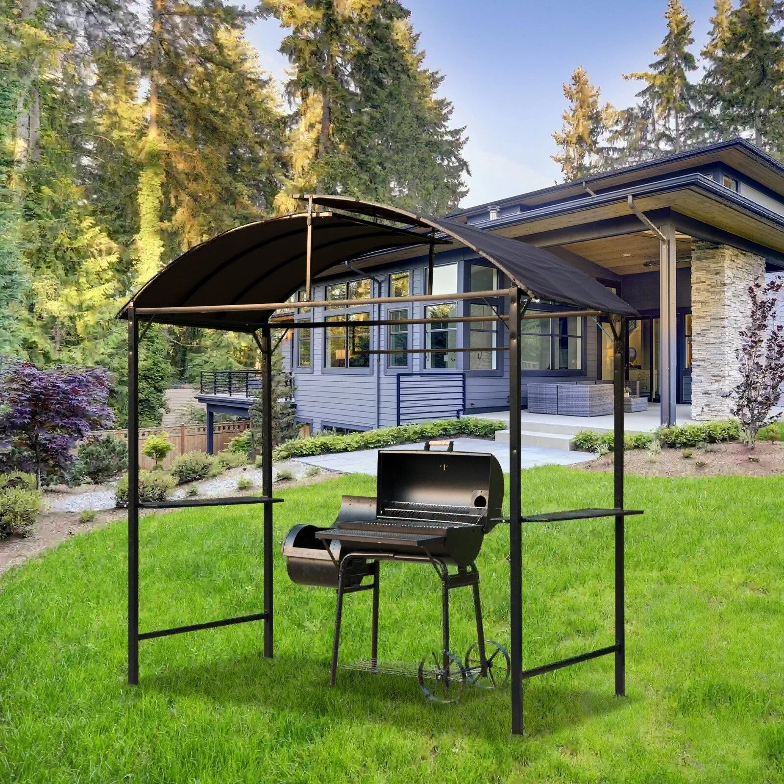 BBQ Gazebo Garden Canopy Tent Metal Frame Shelter for Cooking or Smoking Brown - Home and Garden Furniture Shop - rustic - furniture