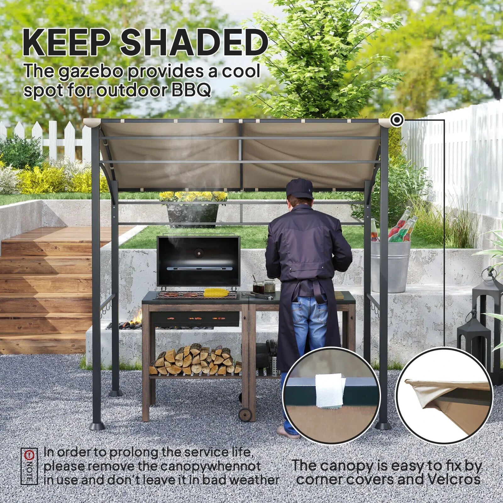 BBQ Gazebo Tent Sun Shade with Canopy 2.2 x 1.5m Patio BBQ Shelter Metal Khaki - Home and Garden Furniture Shop - #rustic - furniture#
