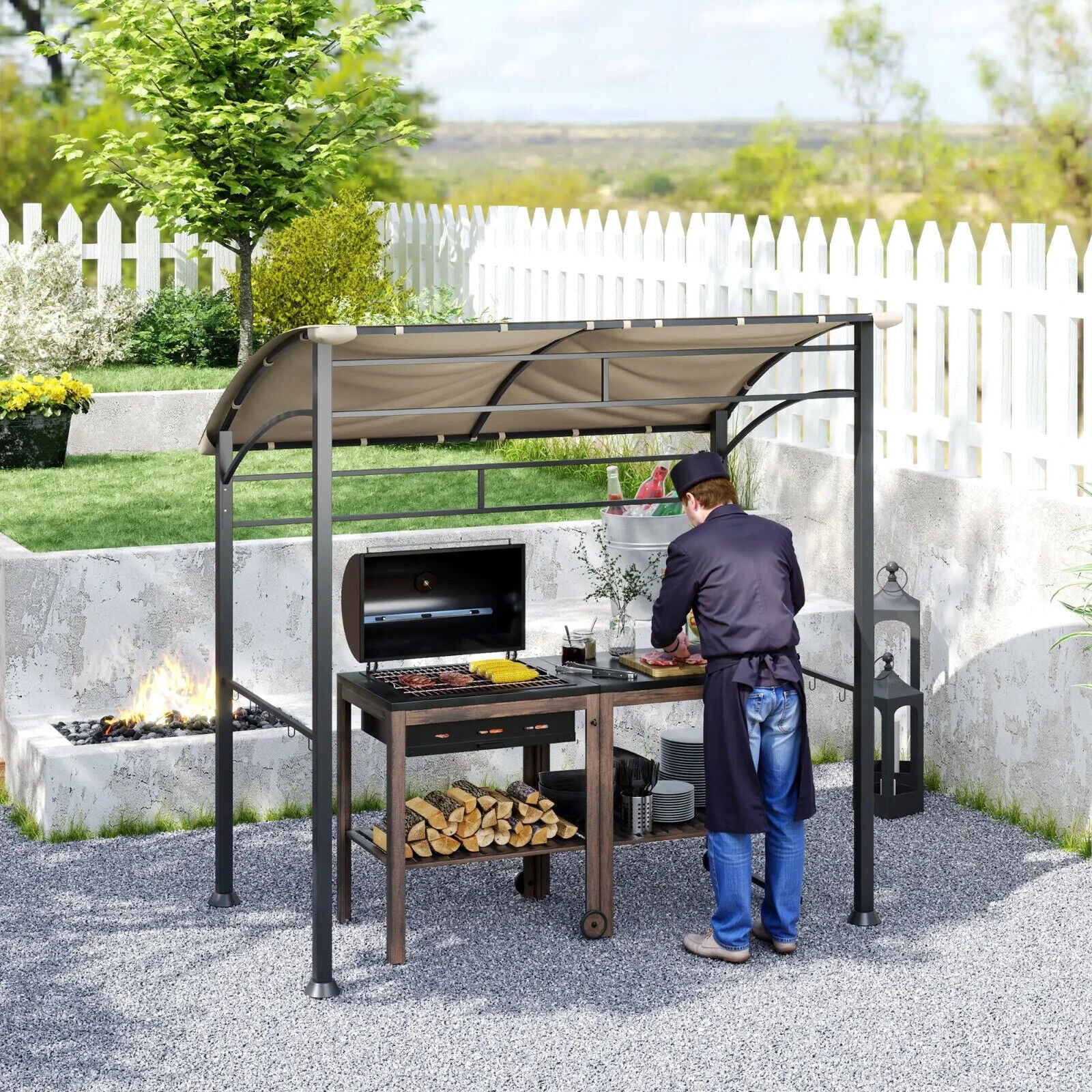 BBQ Gazebo Tent Sun Shade with Canopy 2.2 x 1.5m Patio BBQ Shelter Metal Khaki - Home and Garden Furniture Shop - #rustic - furniture#