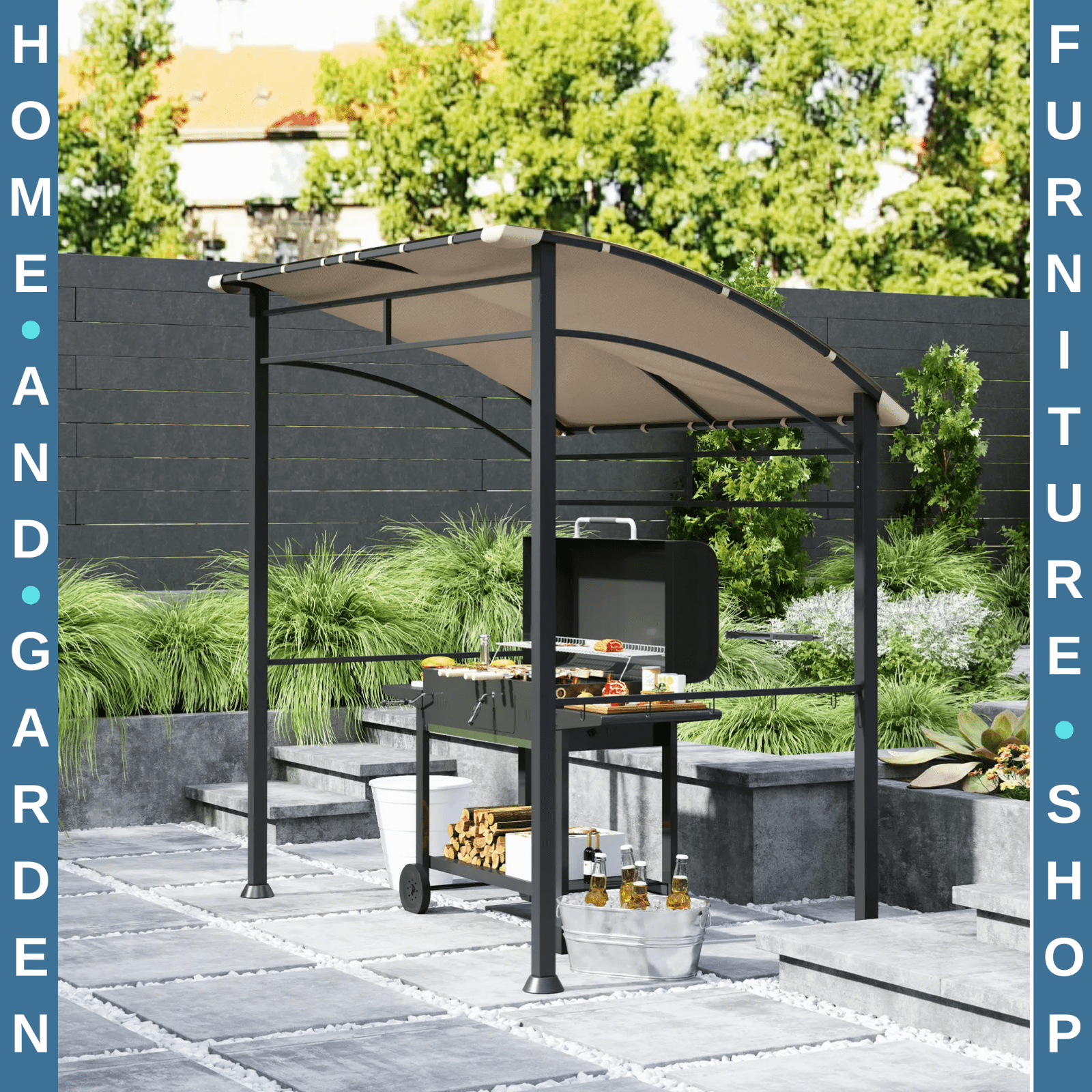 BBQ Gazebo Tent Sun Shade with Canopy 2.2 x 1.5m Patio BBQ Shelter Metal Khaki - Home and Garden Furniture Shop - #rustic - furniture#
