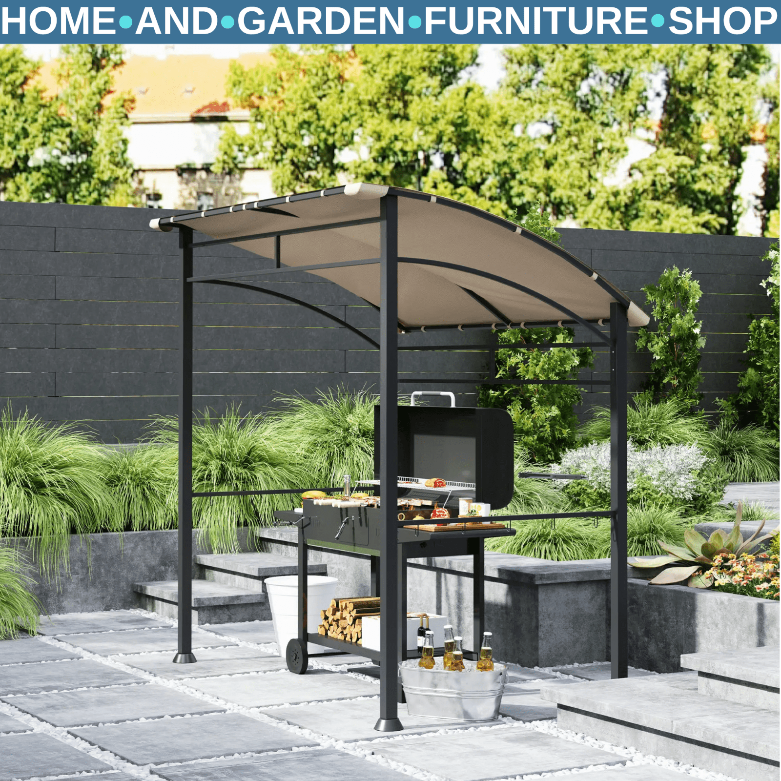 BBQ Gazebo Tent Sun Shade with Canopy 2.2 x 1.5m Patio BBQ Shelter Metal Khaki - Home and Garden Furniture Shop - #rustic - furniture#