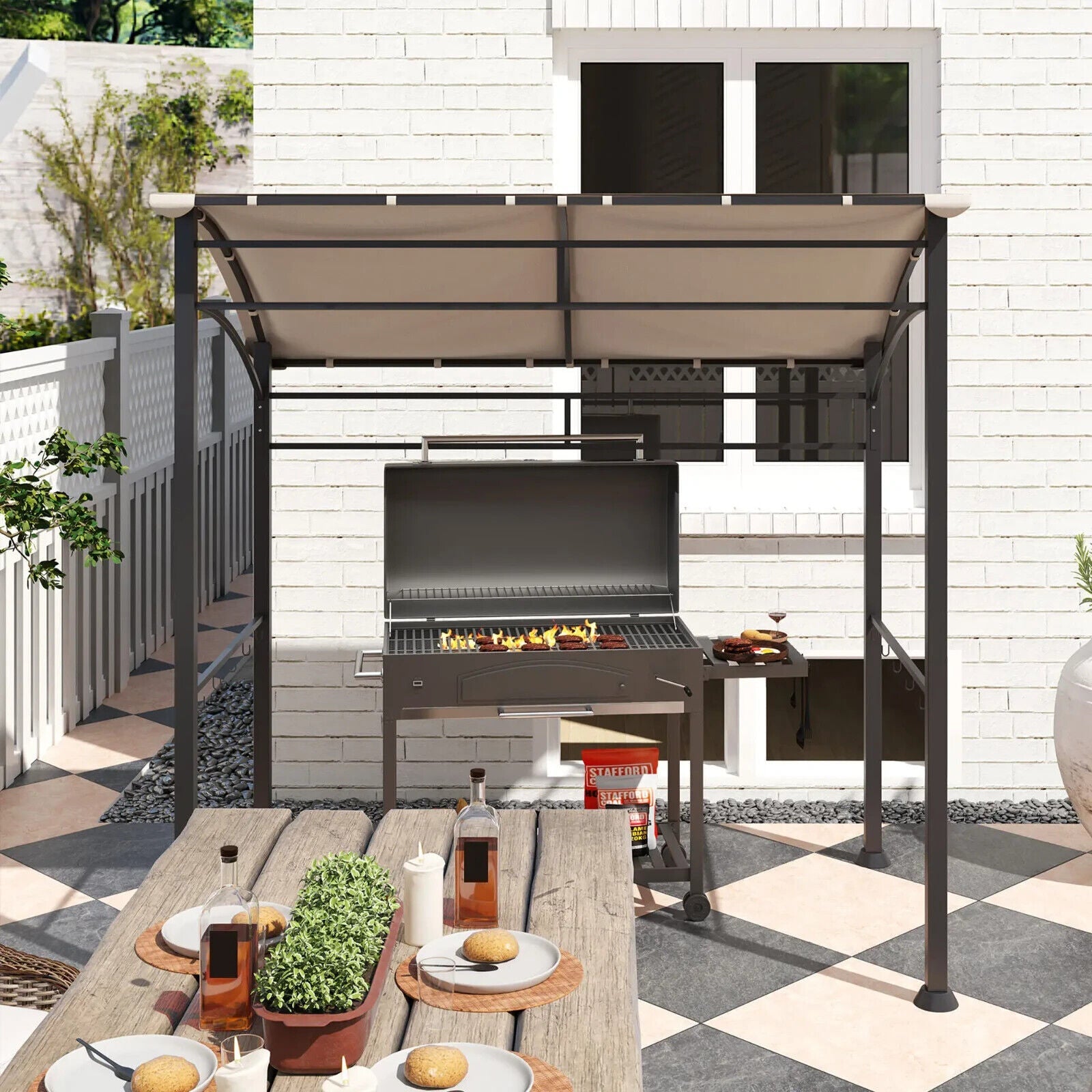 BBQ Gazebo Tent Sun Shade with Canopy 2.2 x 1.5m Patio BBQ Shelter Metal Khaki - Home and Garden Furniture Shop - #rustic - furniture#