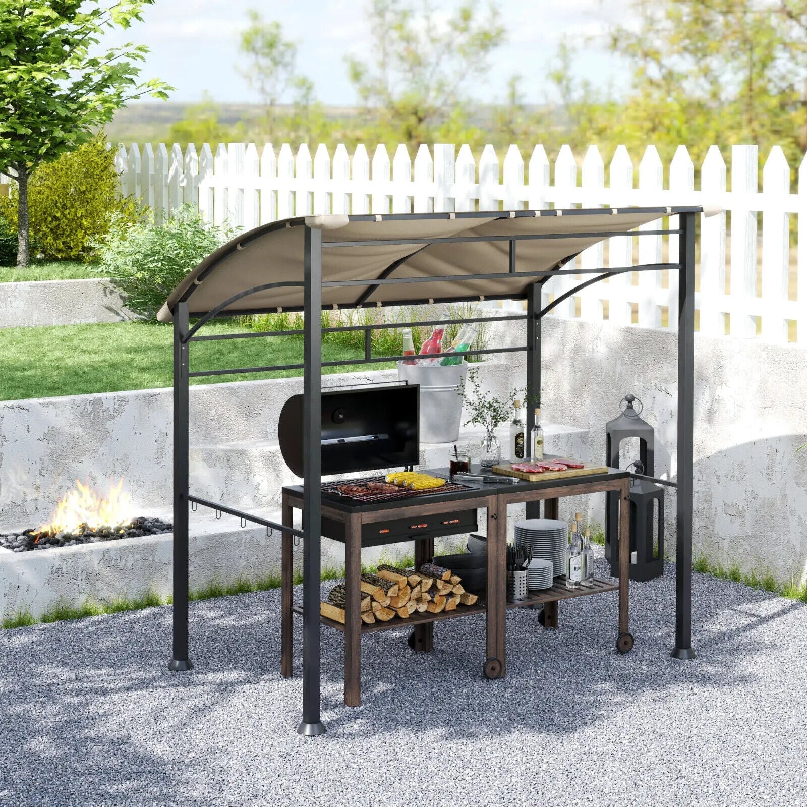 BBQ Gazebo Tent Sun Shade with Canopy 2.2 x 1.5m Patio BBQ Shelter Metal Khaki - Home and Garden Furniture Shop - #rustic - furniture#