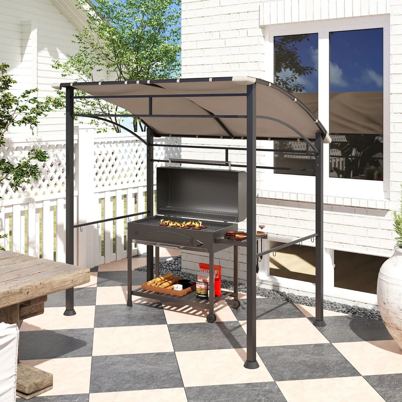 BBQ Gazebo Tent Sun Shade with Canopy 2.2 x 1.5m Patio BBQ Shelter Metal Khaki - Home and Garden Furniture Shop - #rustic - furniture#