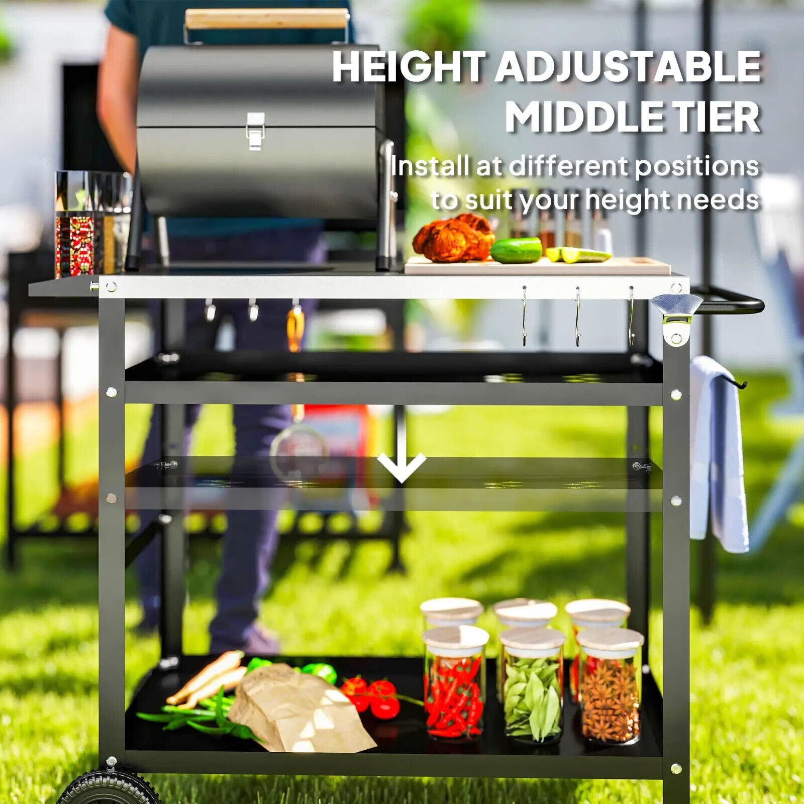 BBQ Trolley with Stainless Steel Top Adjustable Shelf Outdoor Kitchen Station - Home and Garden Furniture Shop - #rustic - furniture#