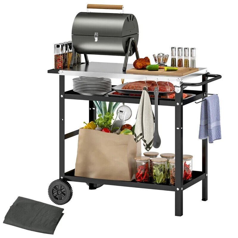 BBQ Trolley with Stainless Steel Top Adjustable Shelf Outdoor Kitchen Station - Home and Garden Furniture Shop - #rustic - furniture#