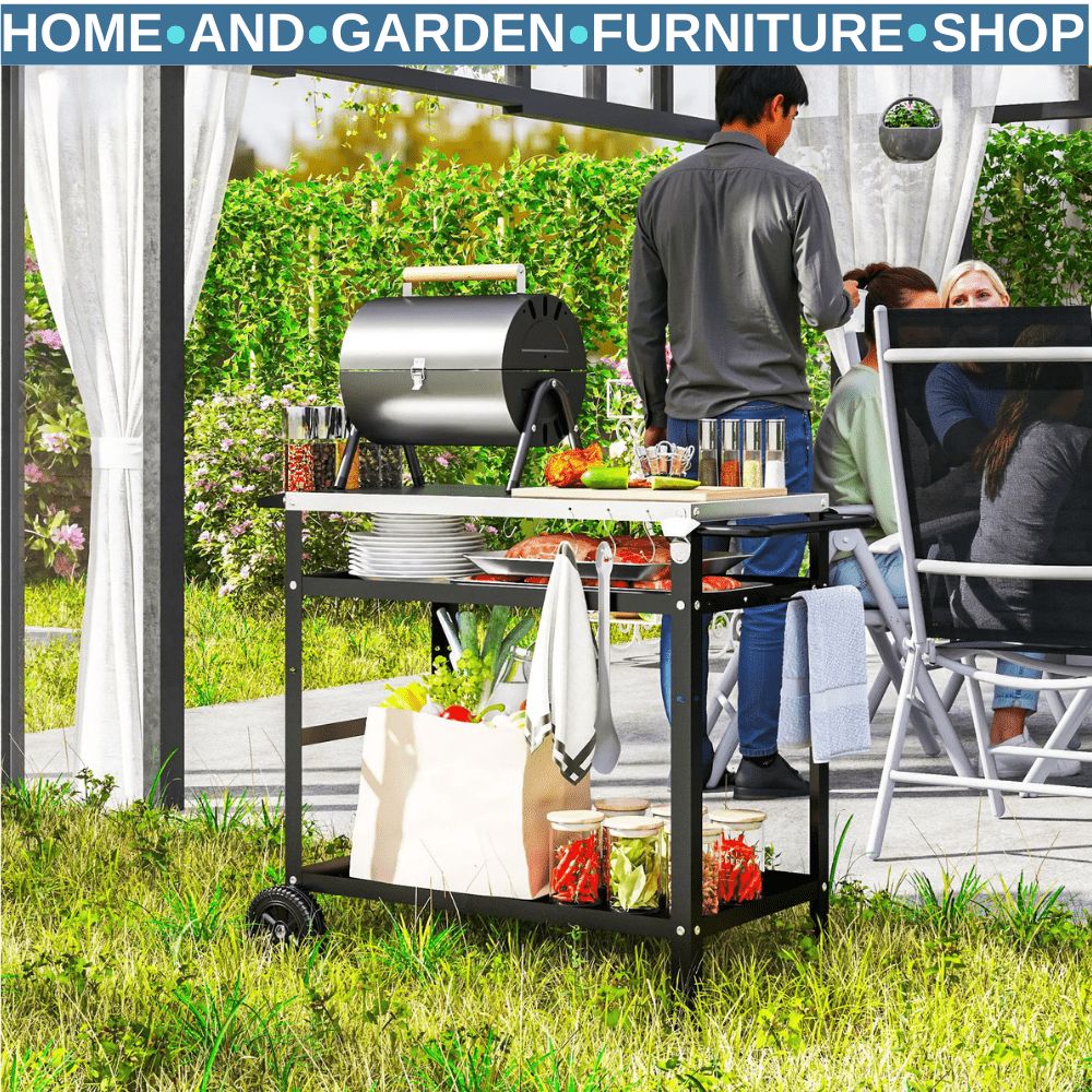 BBQ Trolley with Stainless Steel Top Adjustable Shelf Outdoor Kitchen Station - Home and Garden Furniture Shop - #rustic - furniture#