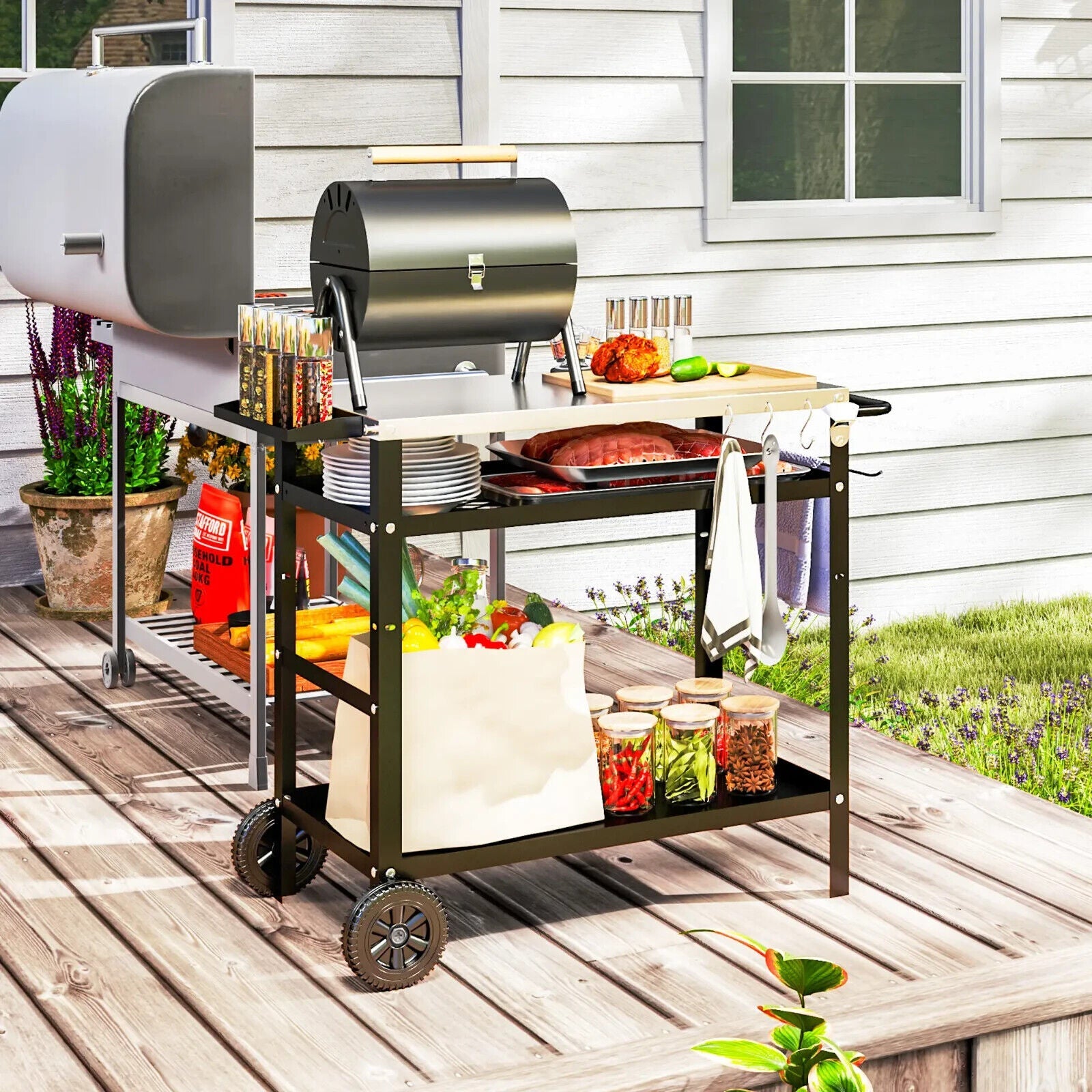 BBQ Trolley with Stainless Steel Top Adjustable Shelf Outdoor Kitchen Station - Home and Garden Furniture Shop - #rustic - furniture#